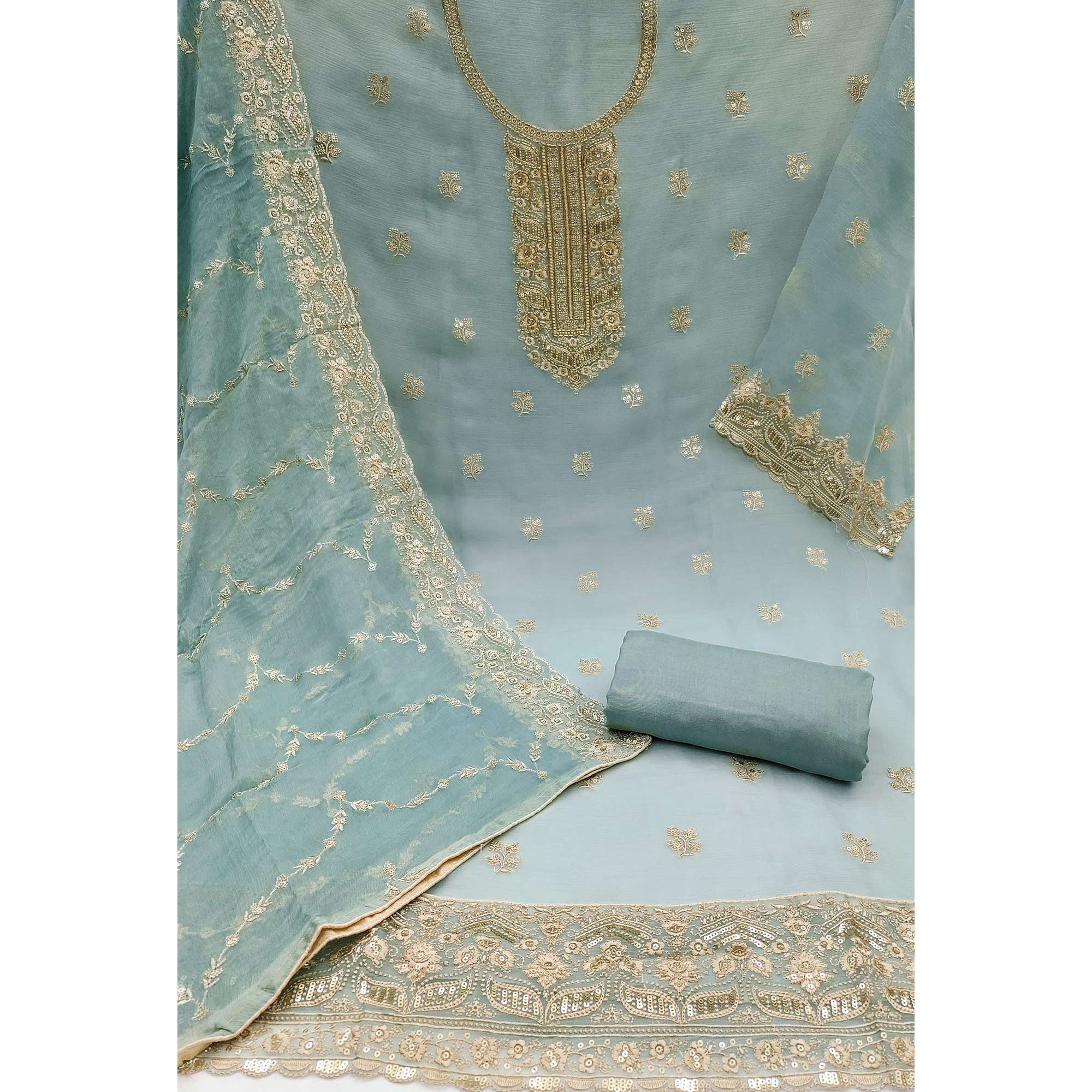 Blue Floral Sequins Embroidered Chiffon Dress Material - Image 3