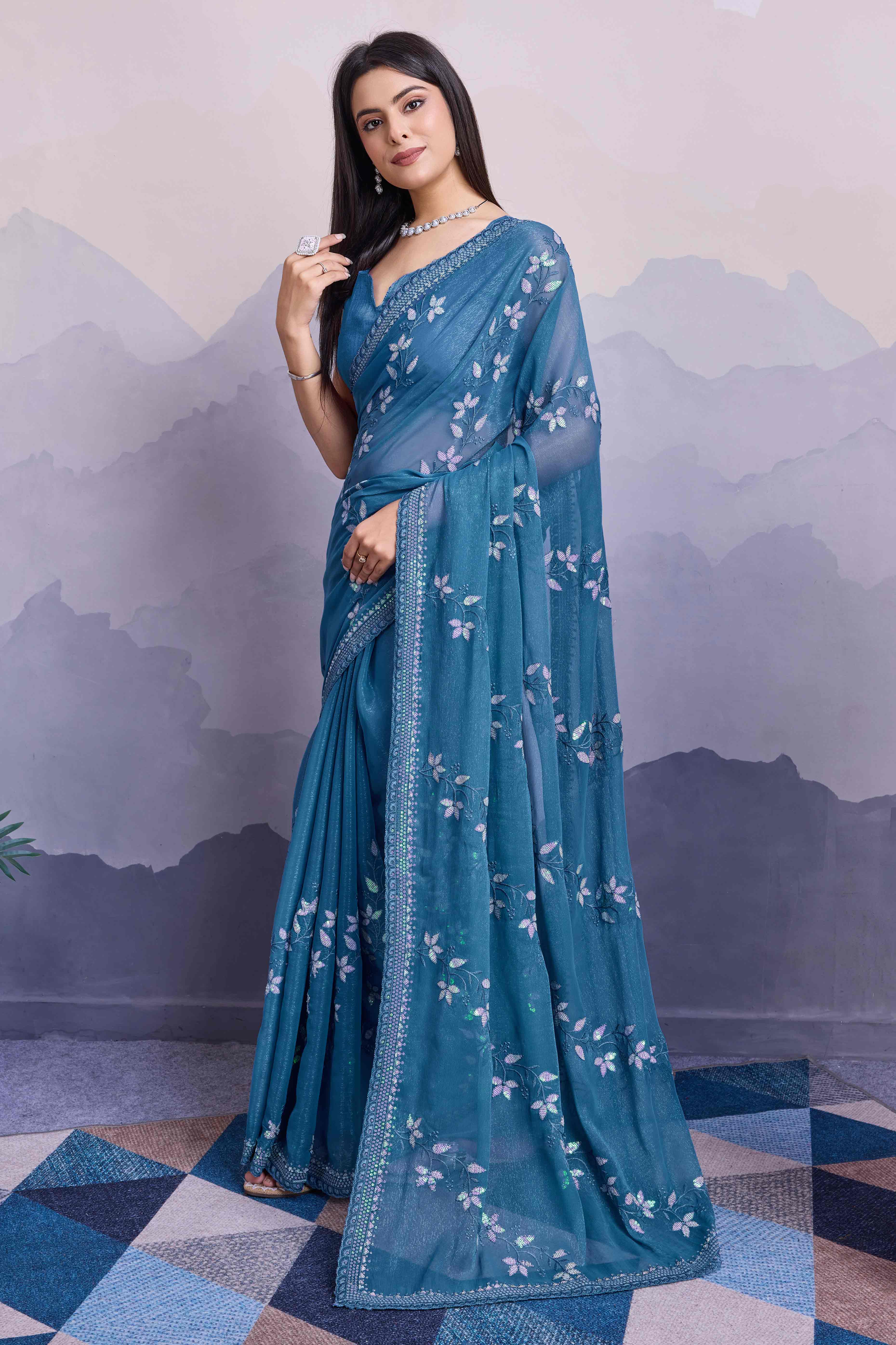 Blue Floral Sequins Embroidered Chiffon Saree - Image 3