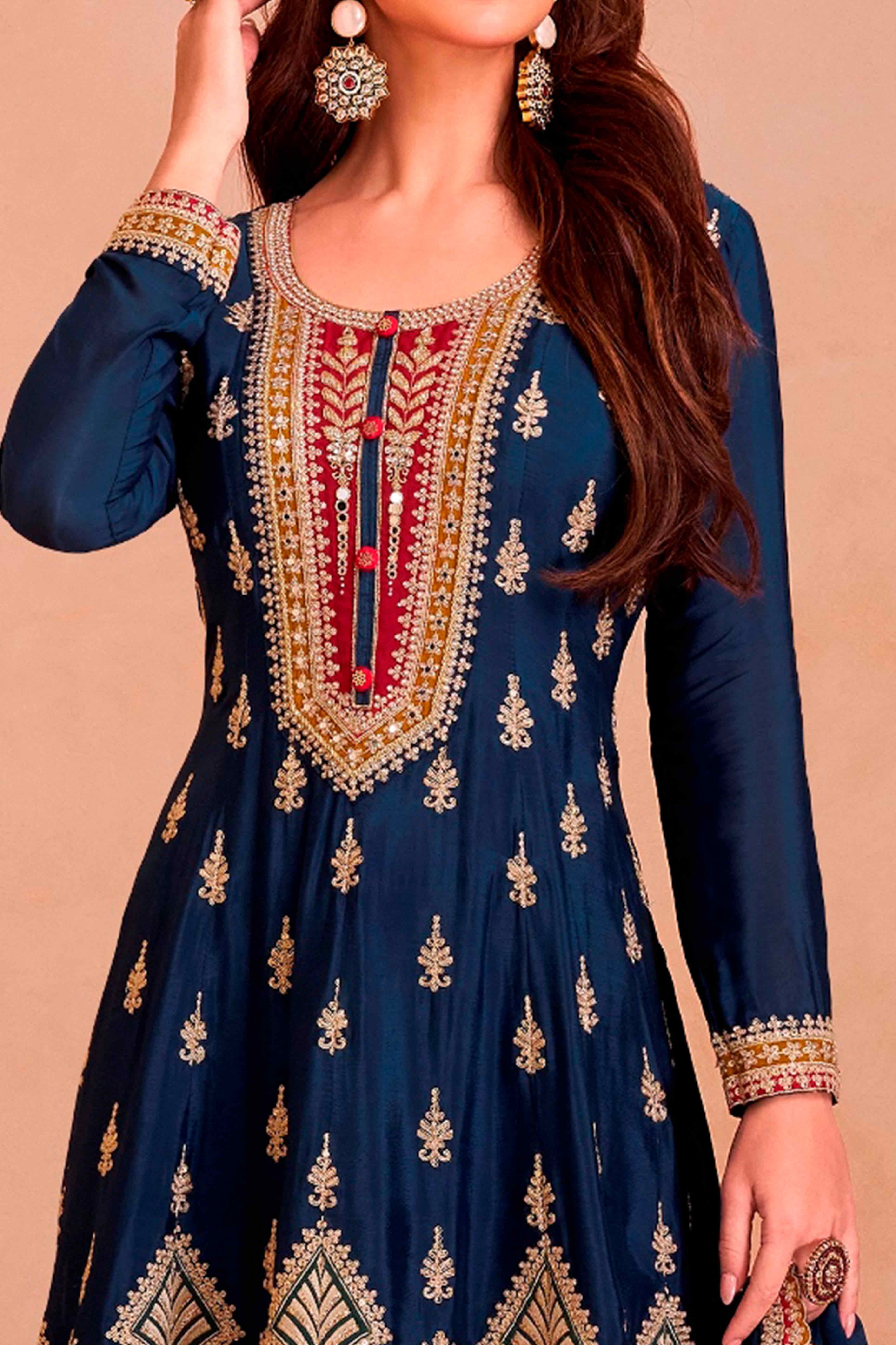 Blue Floral Sequins Embroidered Chinon Palazzo Suit - Image 2