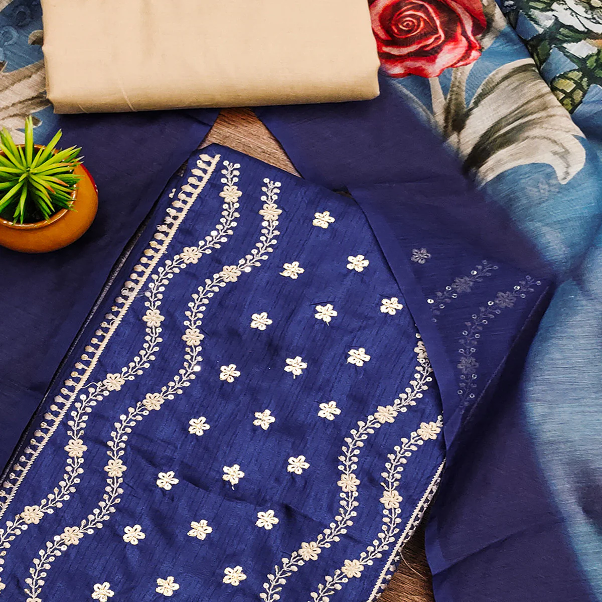 Blue Floral Sequins Embroidered Cotton Blend Dress Material - Image 2