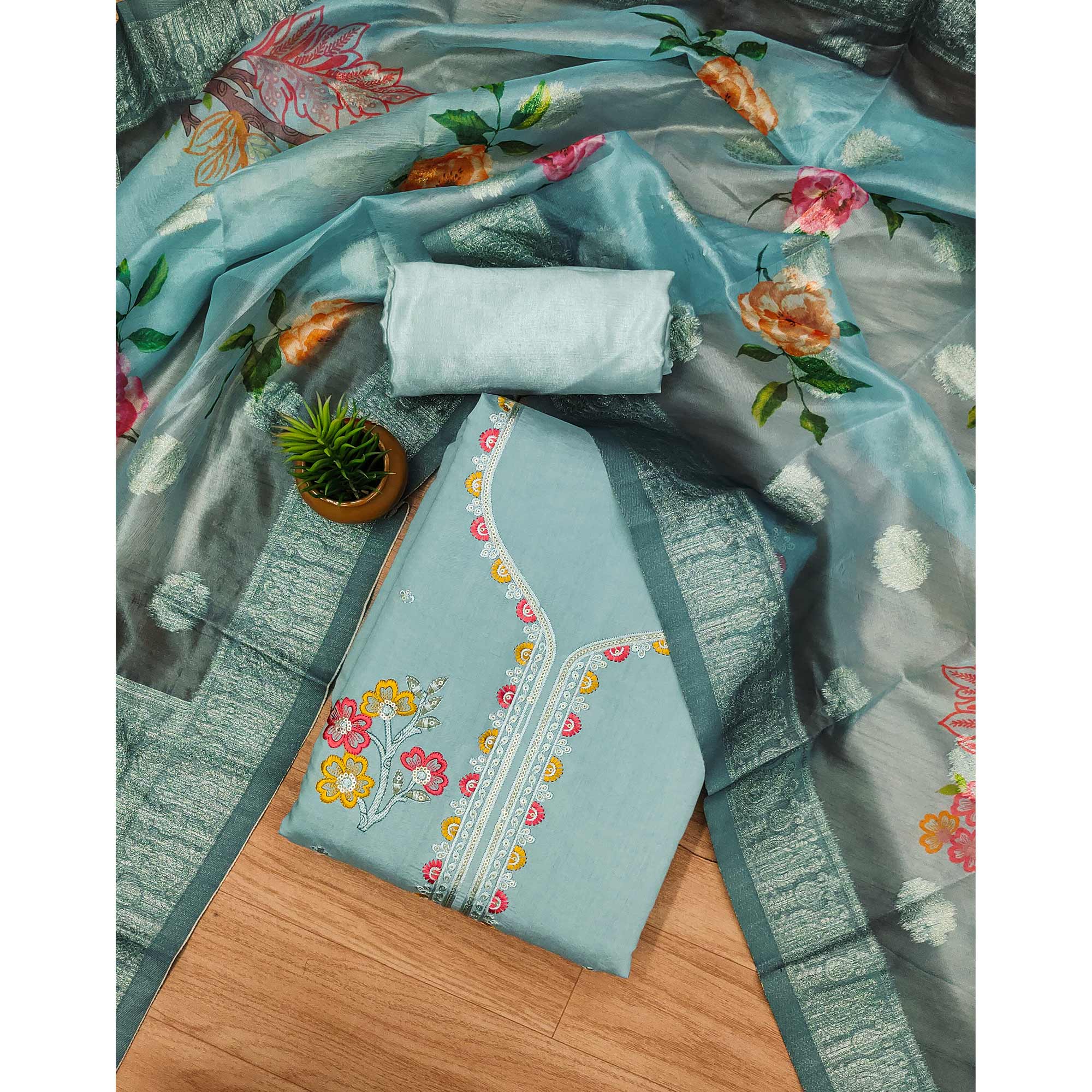 Blue Floral Sequins Embroidered Cotton Roman Silk Dress Material - Image 3