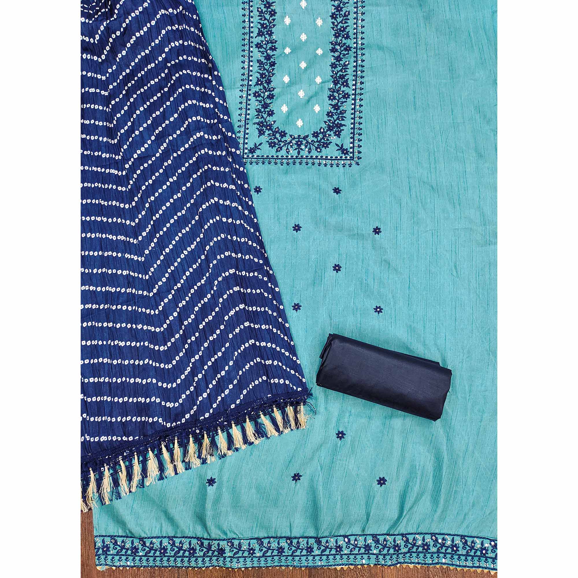 Blue Floral Sequins Embroidered Cotton Silk Dress Material - Image 4
