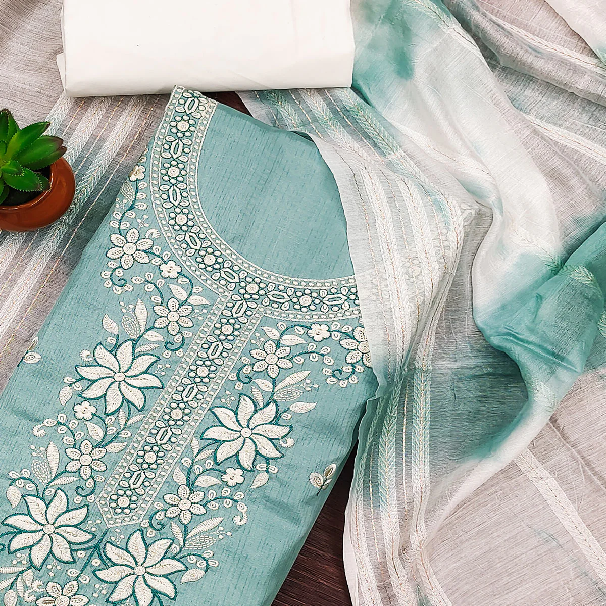Blue Floral Sequins Embroidered Cotton Silk Dress Material - Image 2