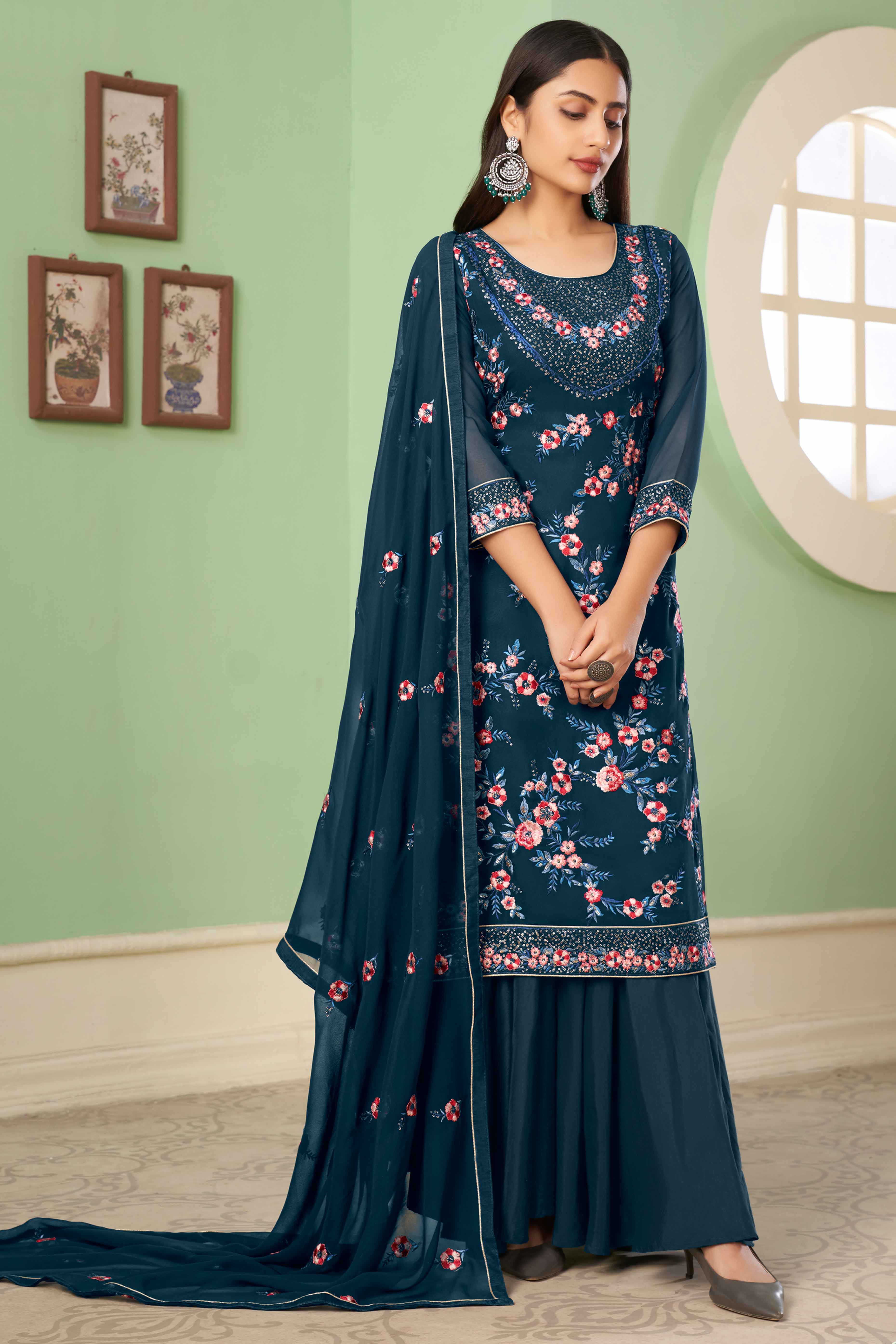 Blue Floral Sequins Embroidered Georgette Semi Stitched Suit - Image 3