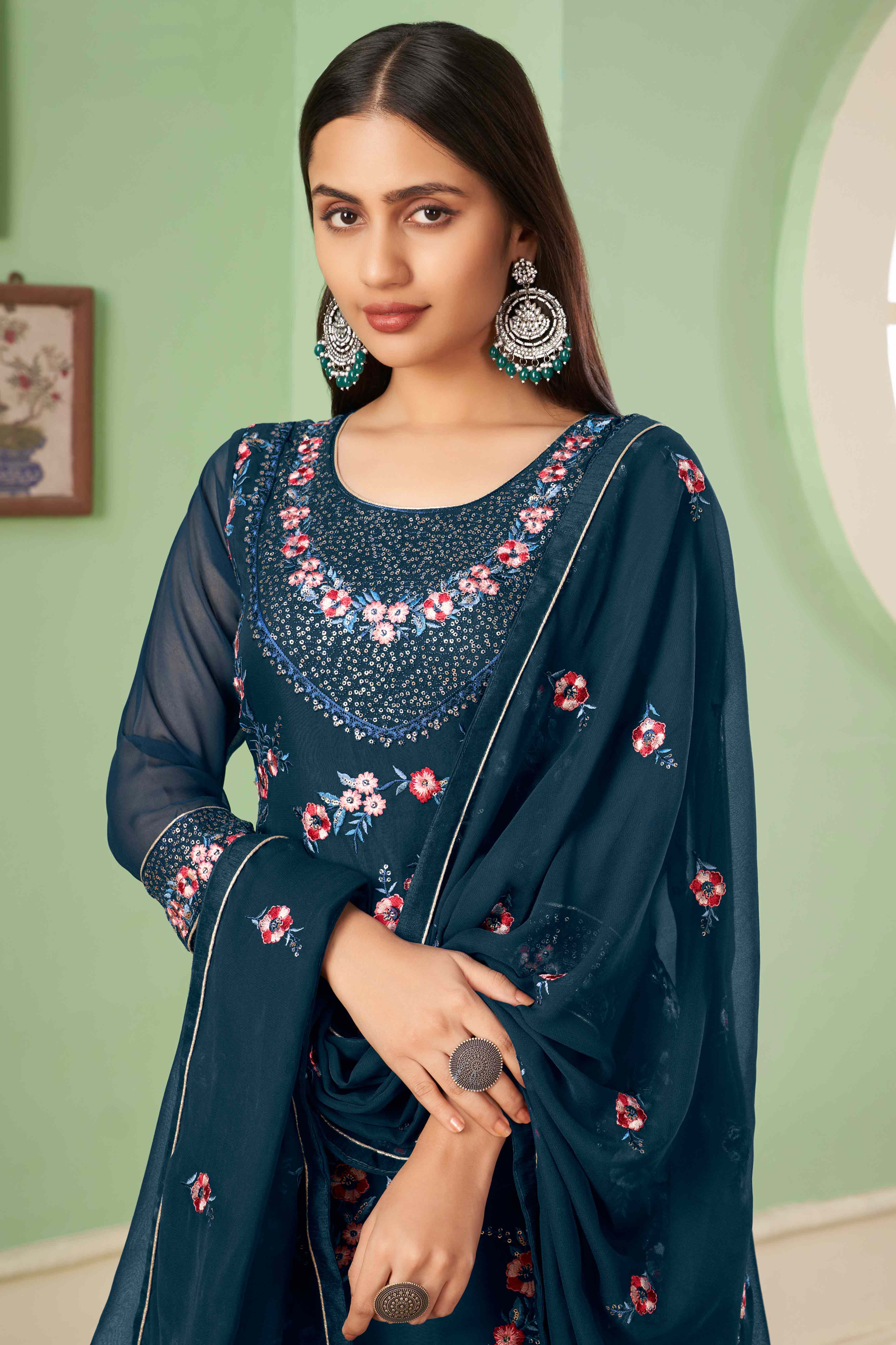 Blue Floral Sequins Embroidered Georgette Semi Stitched Suit - Image 5