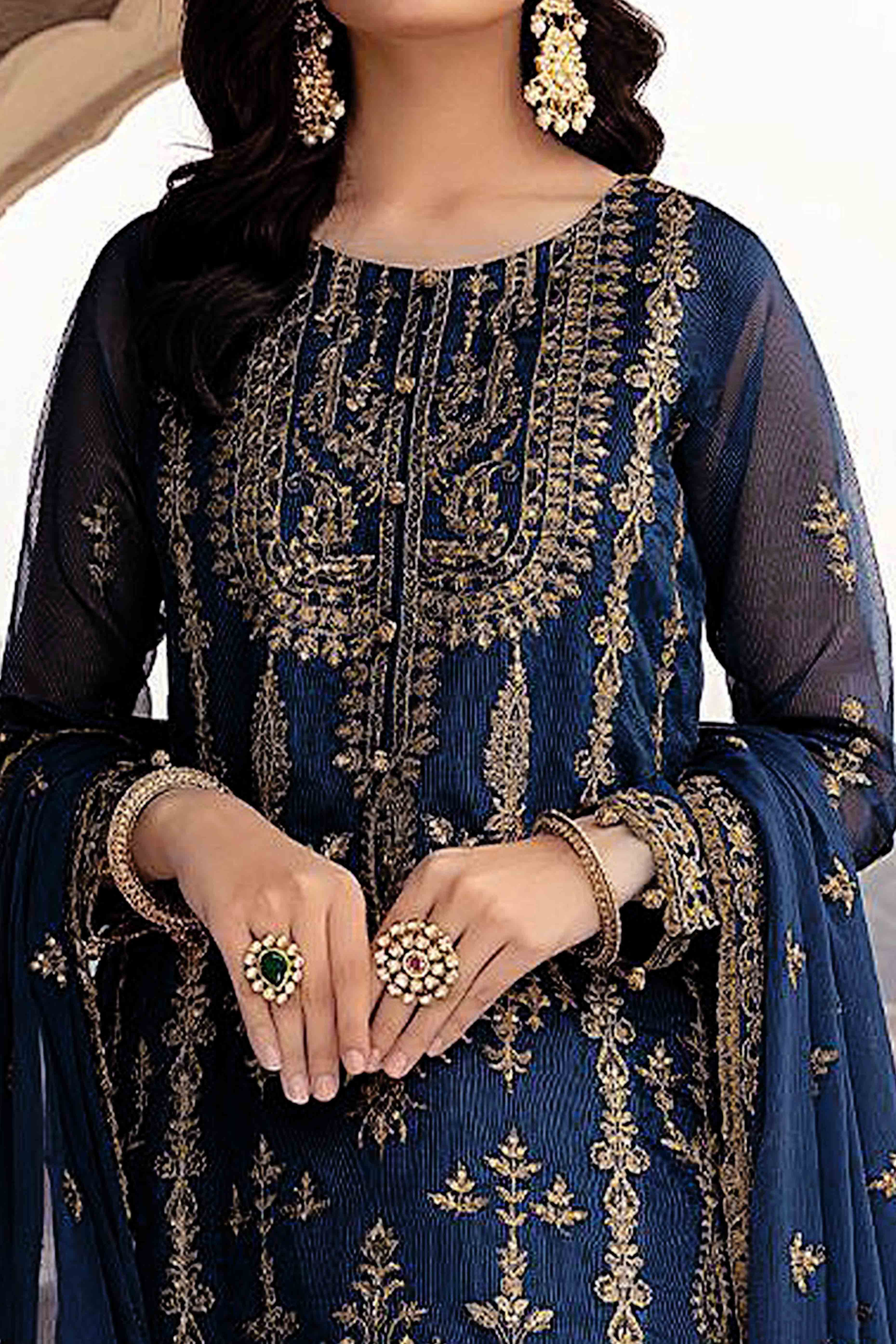 Blue Floral Sequins Embroidered Georgette Semi Stitched Suit - Image 2