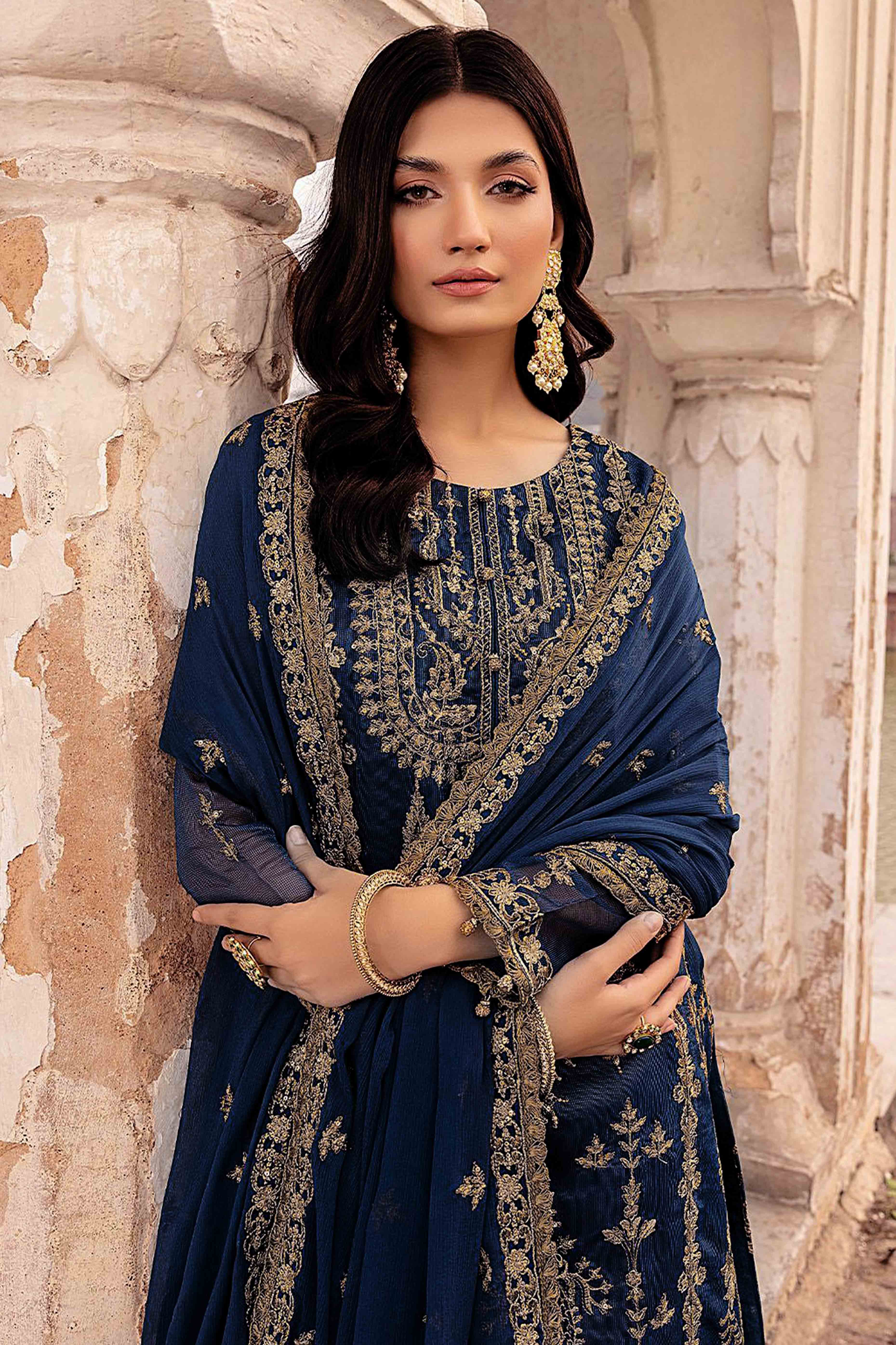 Blue Floral Sequins Embroidered Georgette Semi Stitched Suit - Image 3
