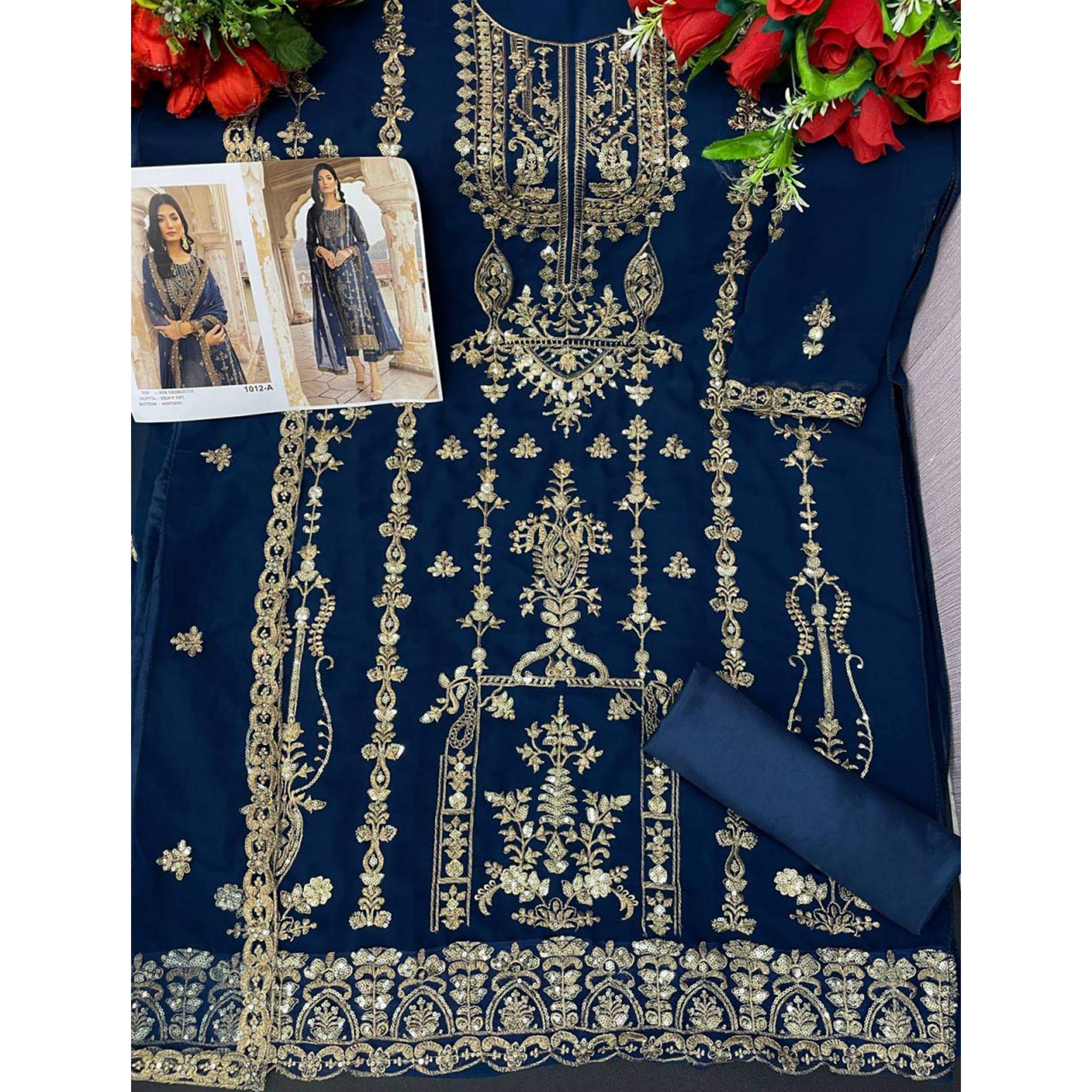Blue Floral Sequins Embroidered Georgette Semi Stitched Suit - Image 4