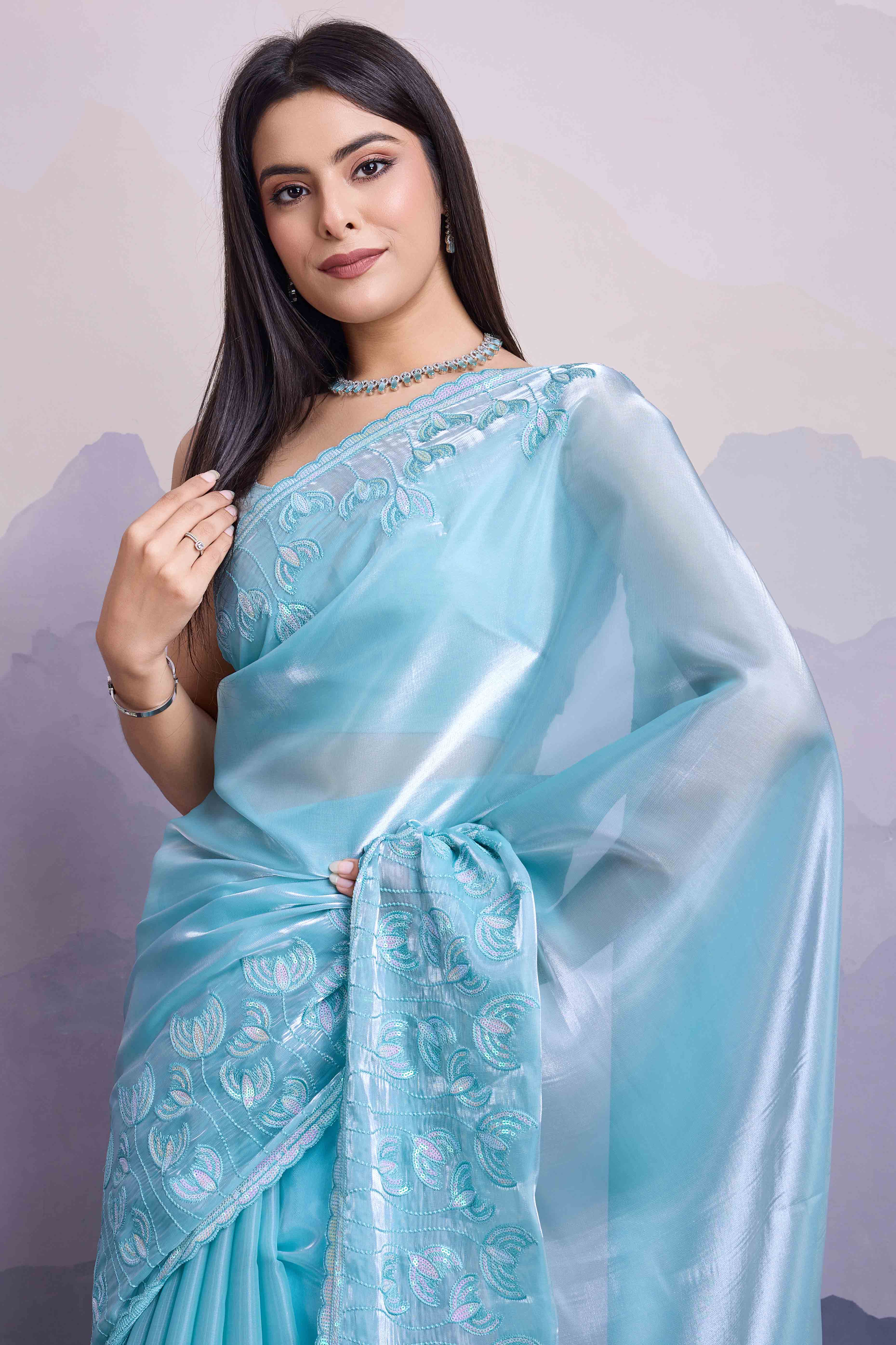 Blue Floral Sequins Embroidered Jimmi Choo Zoya Silk Saree - Image 6