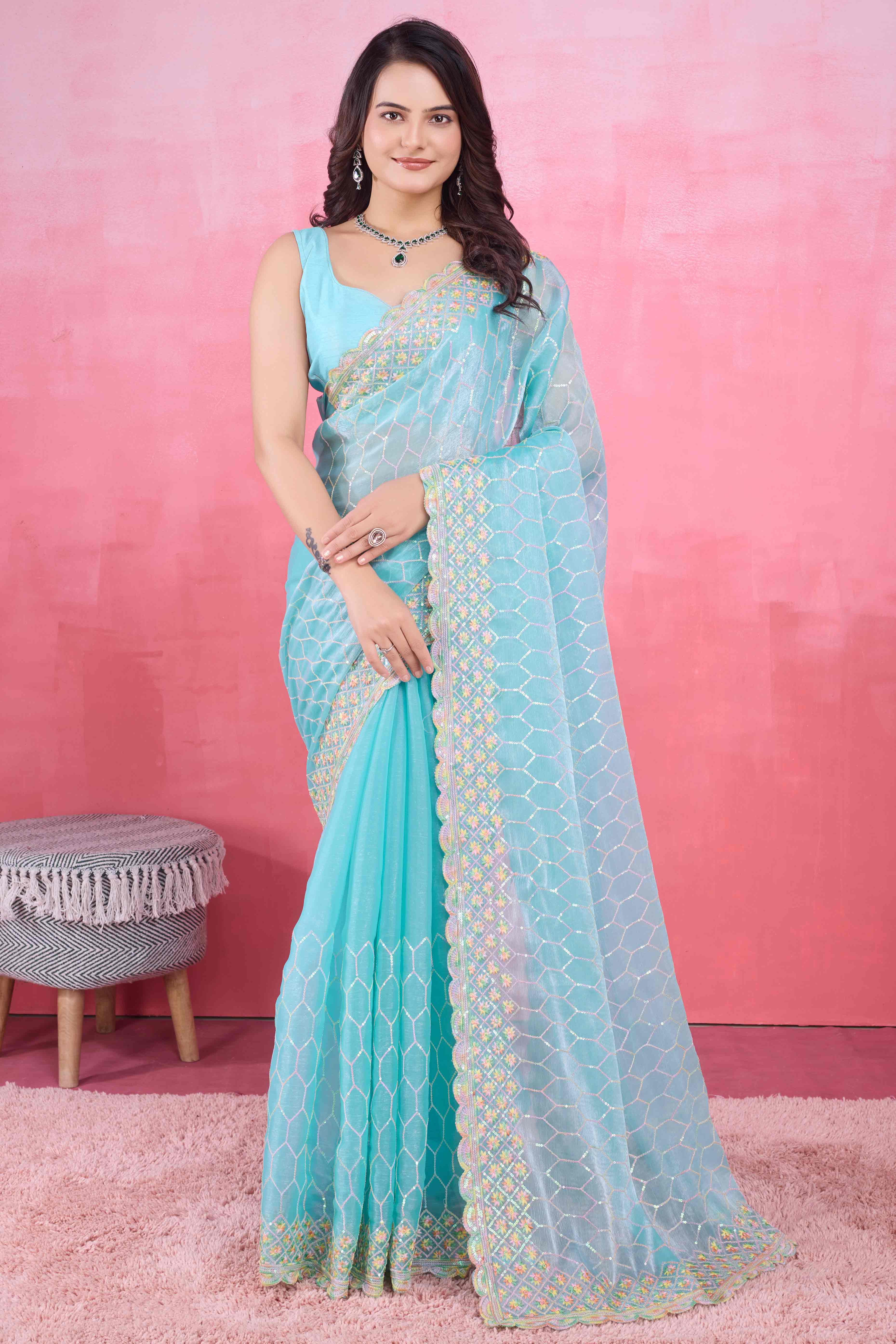 Blue Floral Sequins Embroidered Mulberry Silk Saree - Image 3