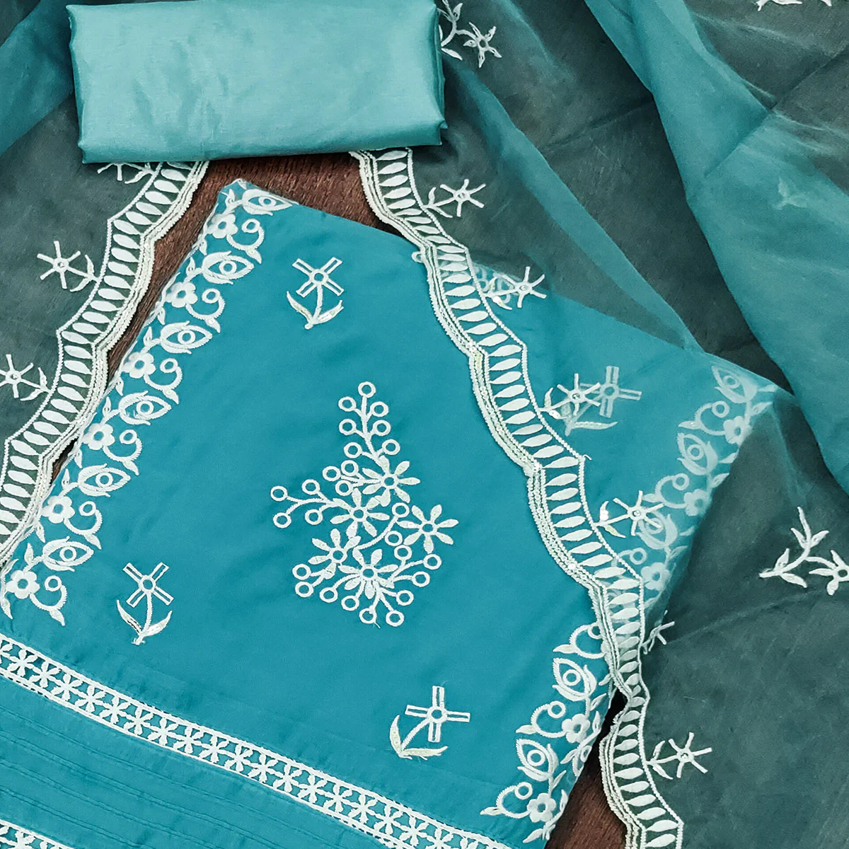 Blue Floral Sequins Embroidered Organza Dress Material - Image 2