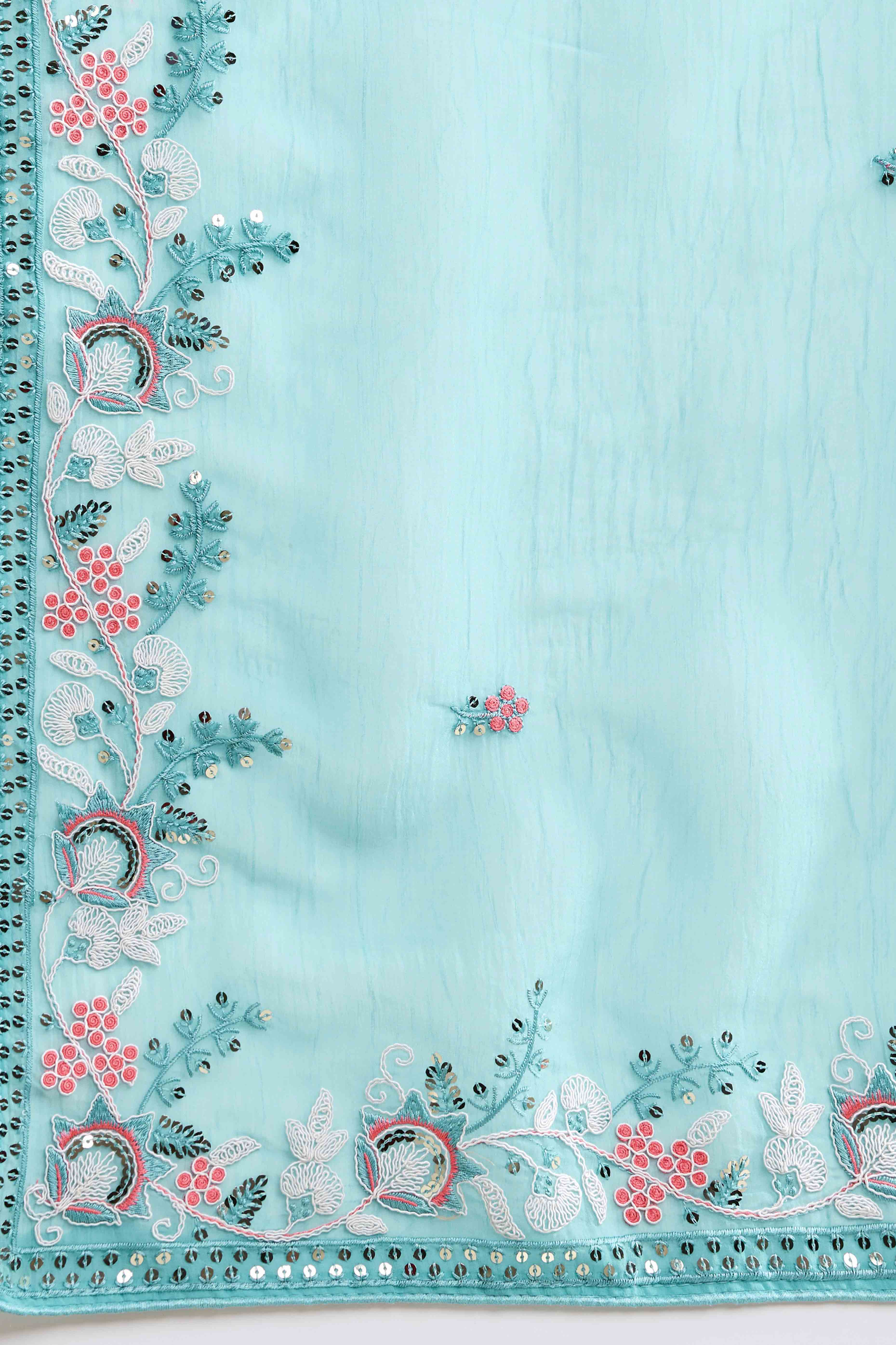 Blue Floral Sequins Embroidered Organza Saree - Image 8