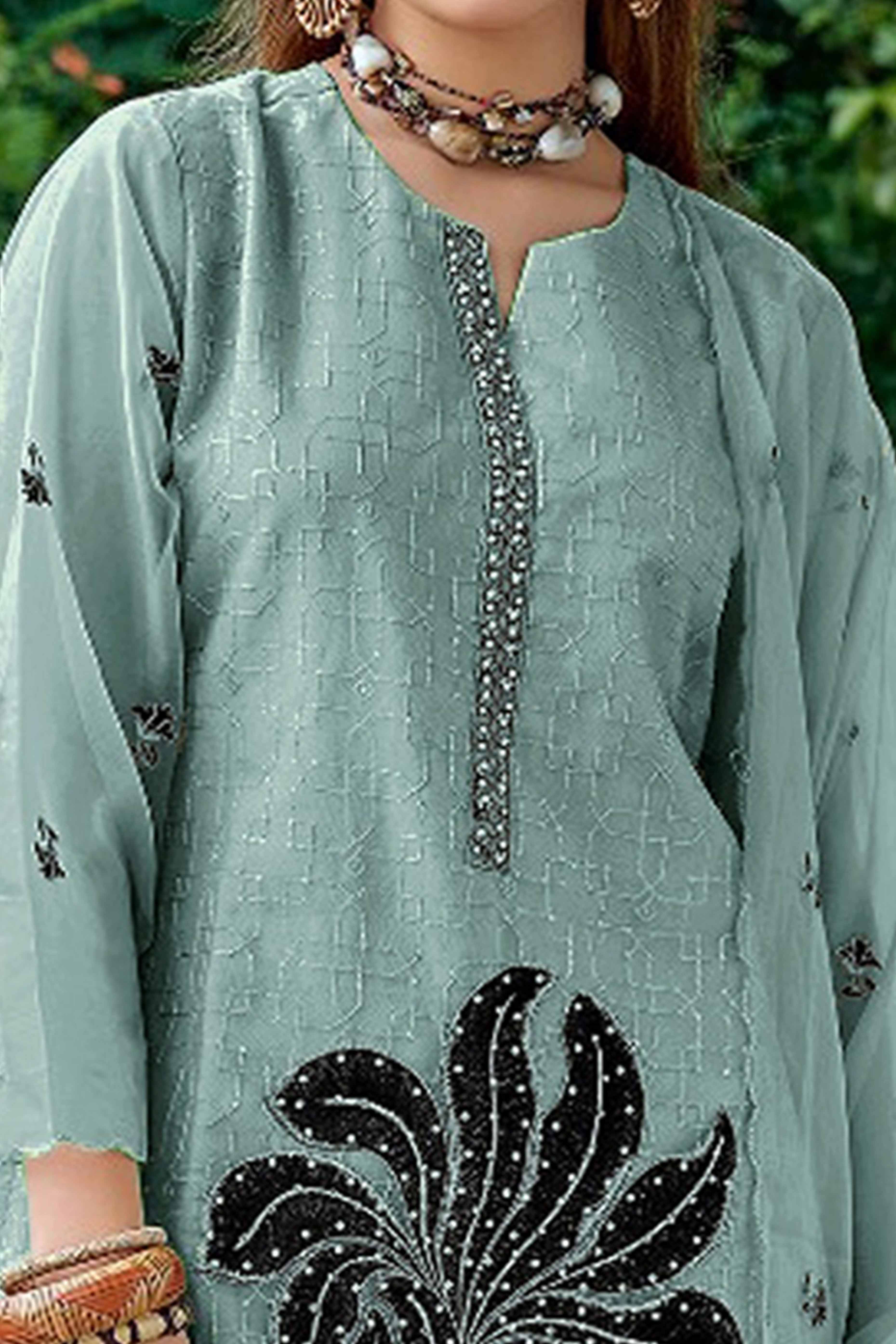 Blue Floral Sequins Embroidered Organza Semi Stitched Pakistani Suit - Image 2