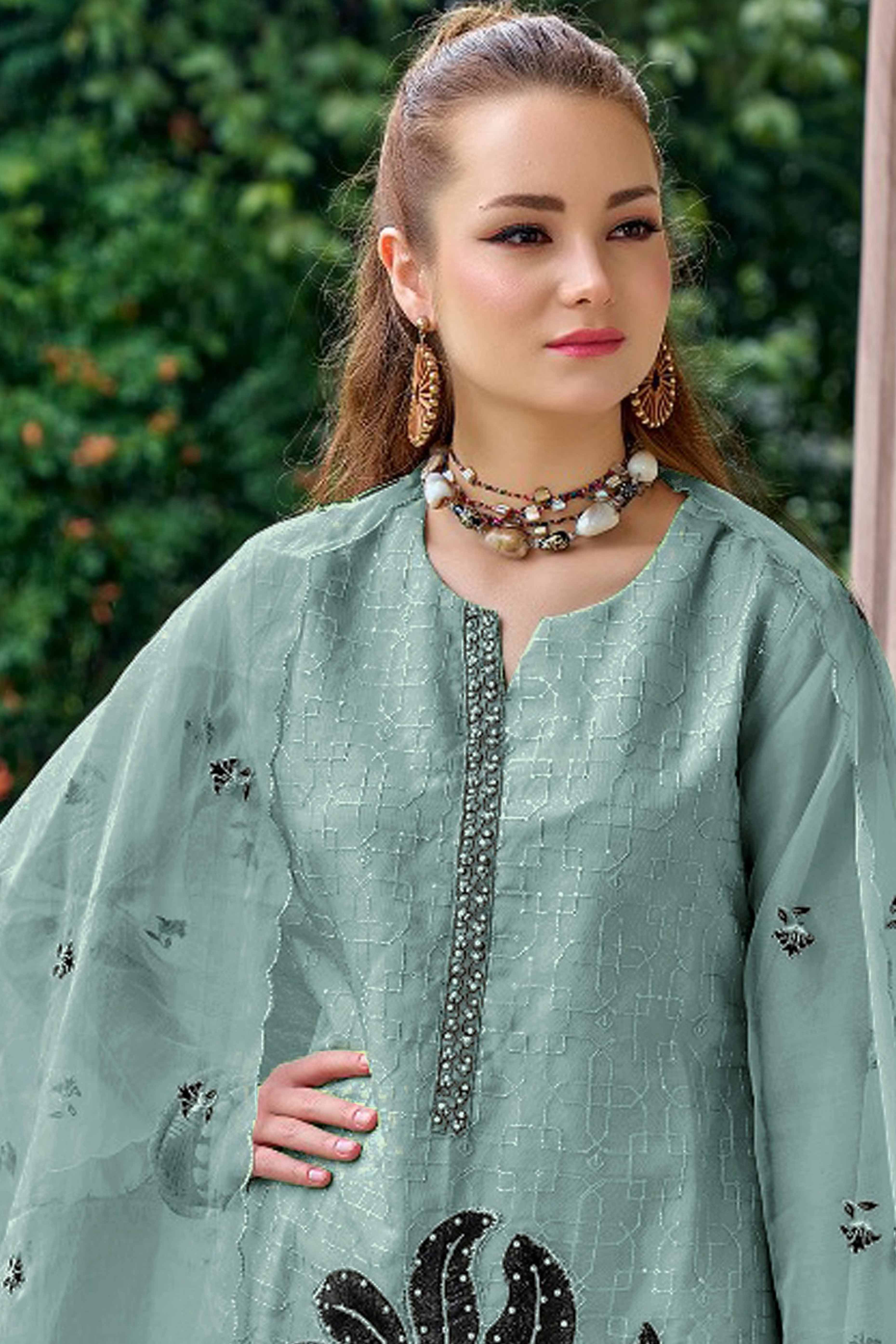 Blue Floral Sequins Embroidered Organza Semi Stitched Pakistani Suit - Image 3