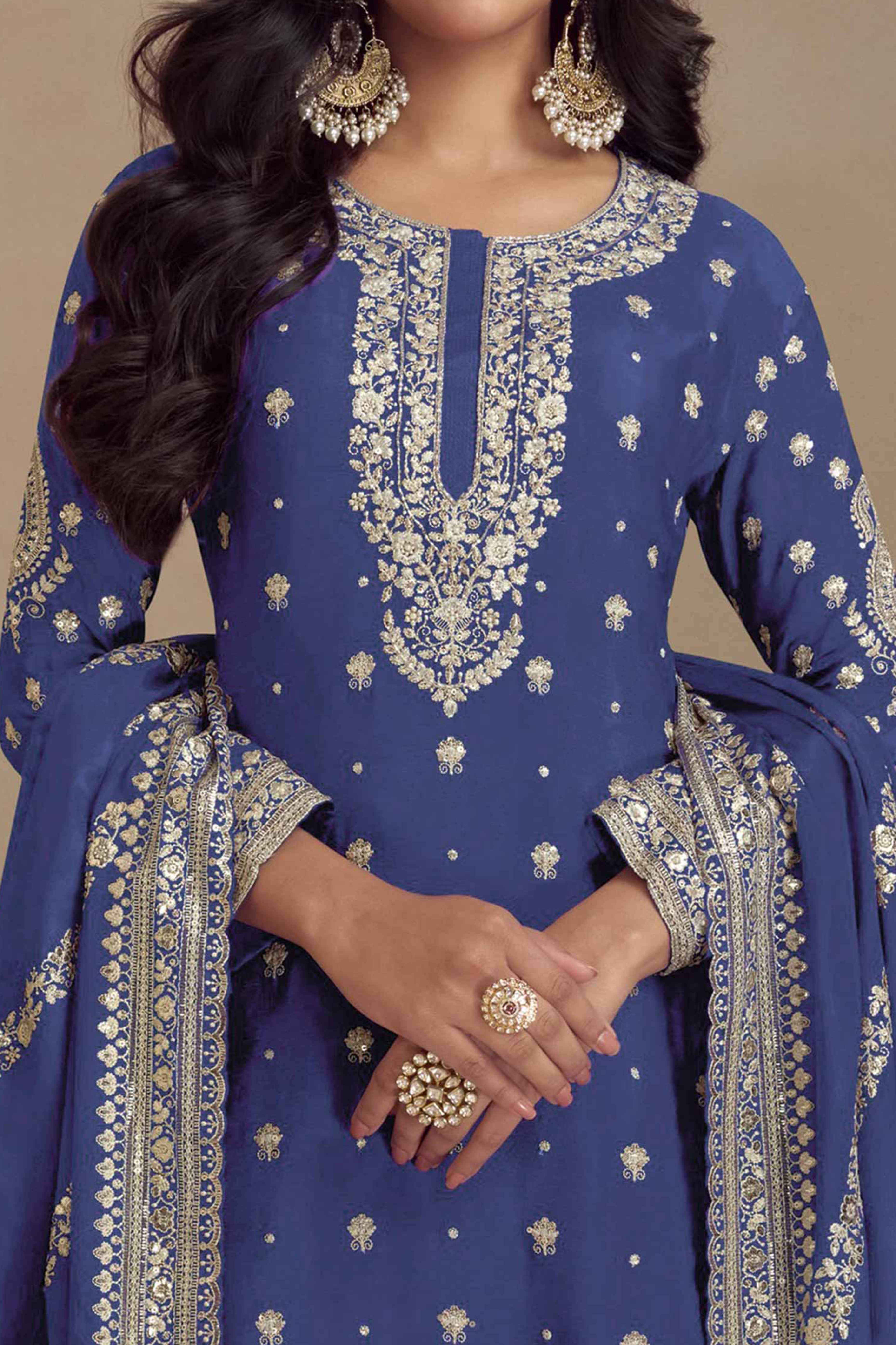 Blue Floral Sequins Embroidered Satin Silk Semi Stitched Suit - Image 2