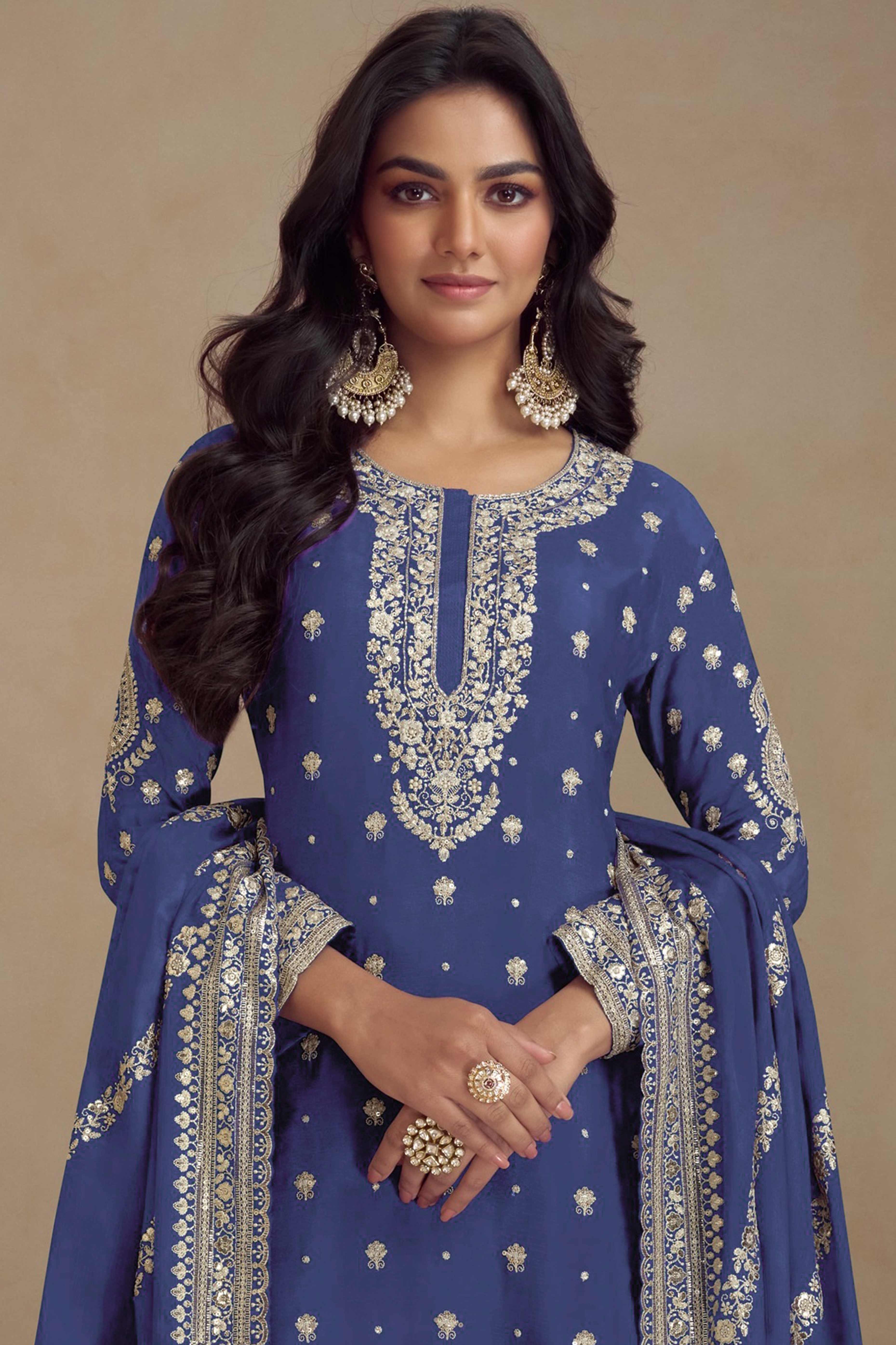 Blue Floral Sequins Embroidered Satin Silk Semi Stitched Suit - Image 3