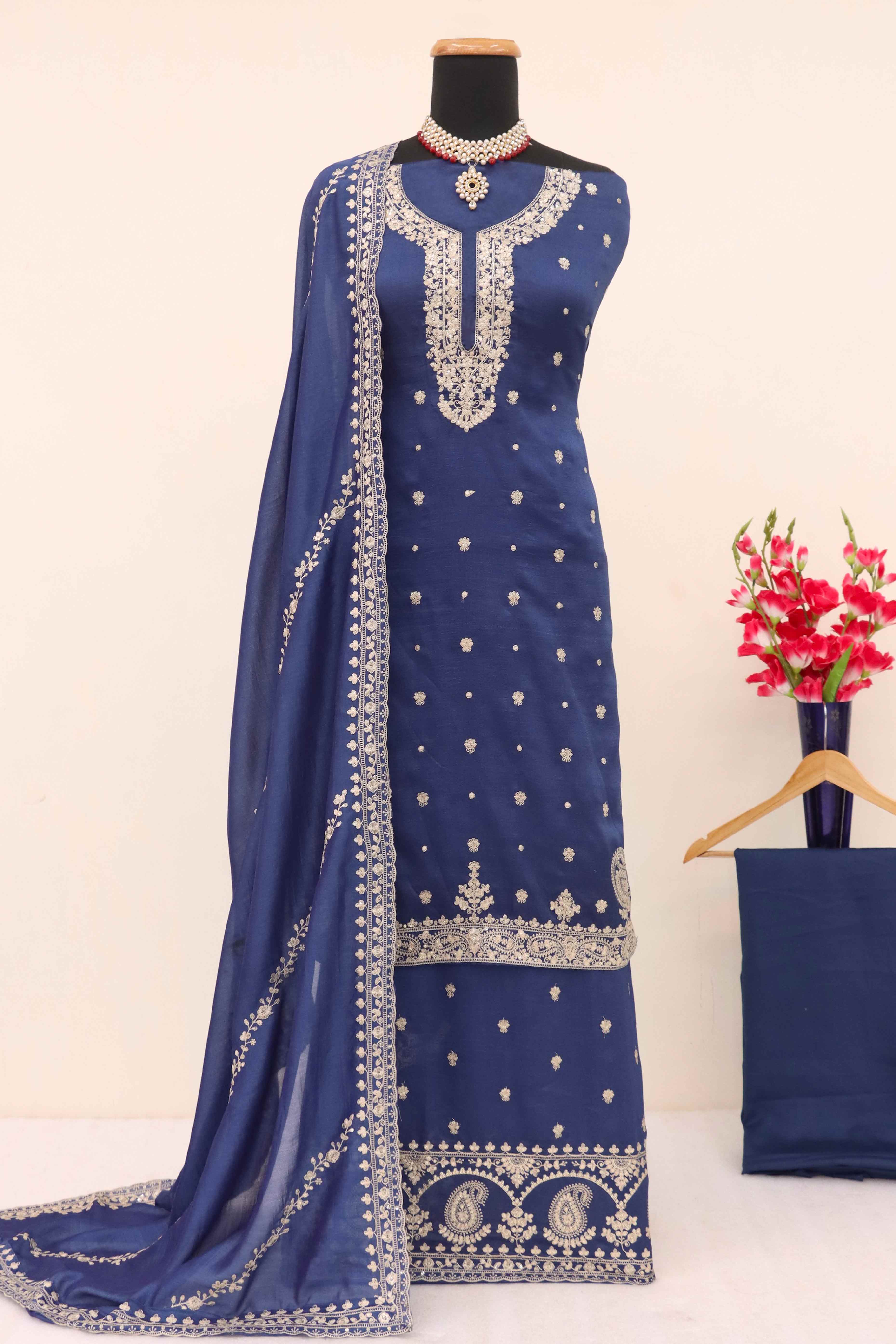 Blue Floral Sequins Embroidered Satin Silk Semi Stitched Suit - Image 4