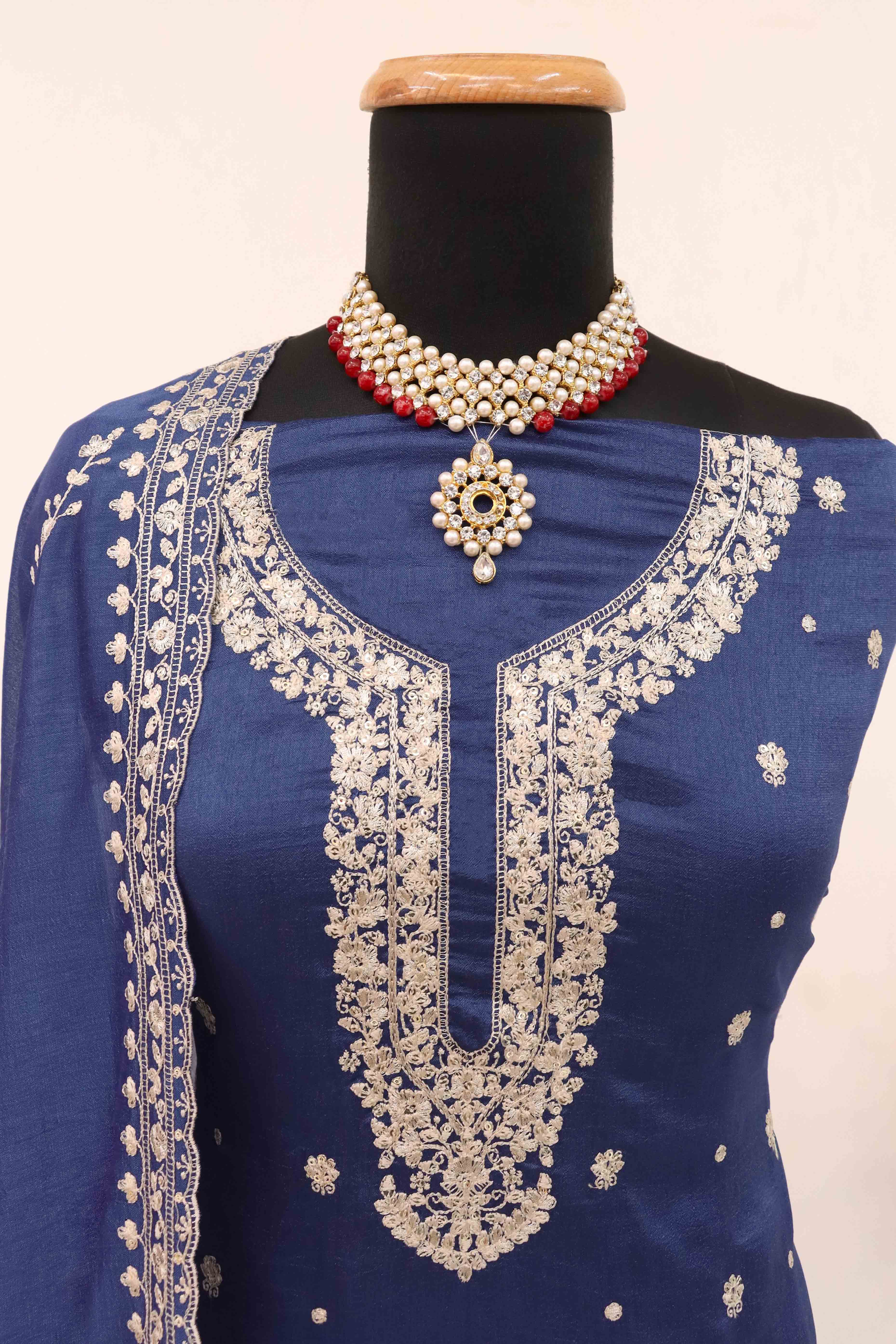 Blue Floral Sequins Embroidered Satin Silk Semi Stitched Suit - Image 5