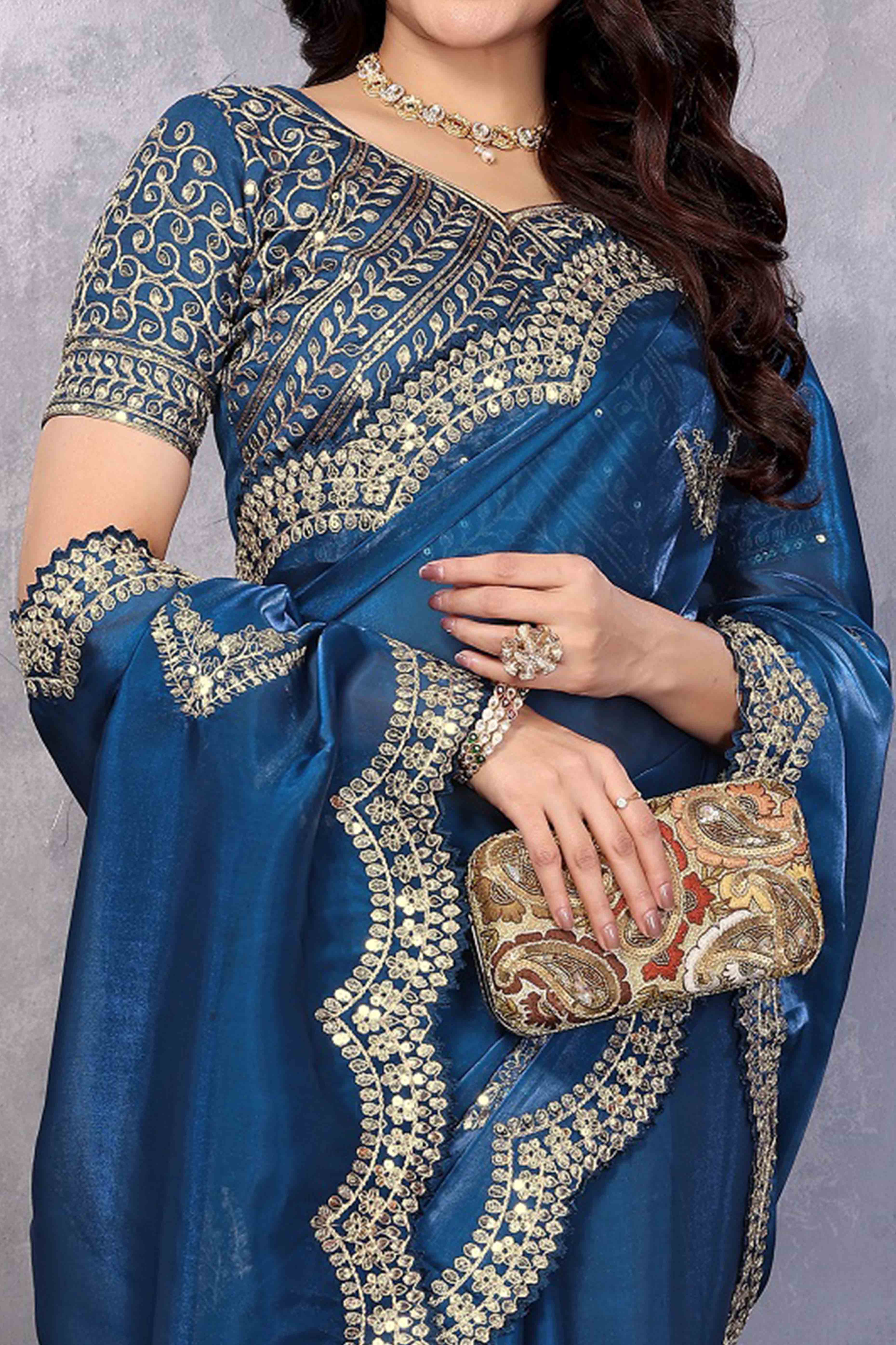 Blue Floral Sequins Embroidered Shimmer Chiffon Saree - Image 2