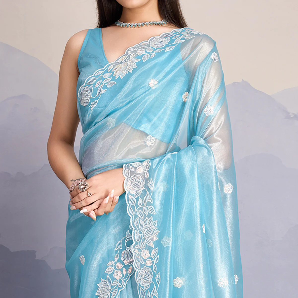 Blue Floral Sequins Embroidered Twill Net Saree - Image 3