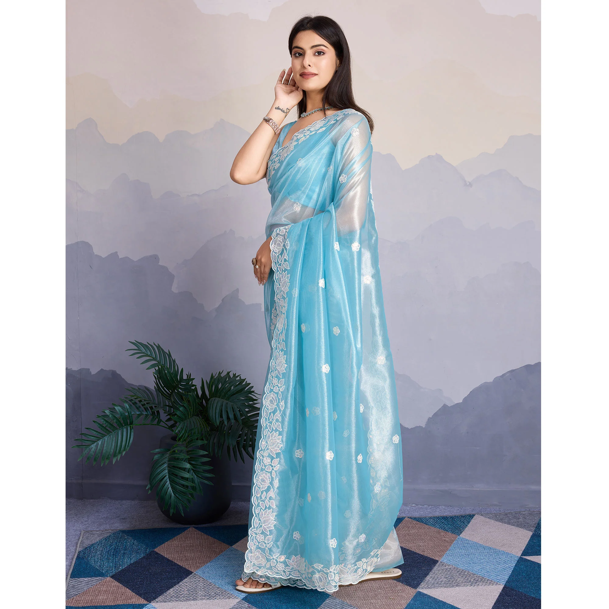 Blue Floral Sequins Embroidered Twill Net Saree - Image 4