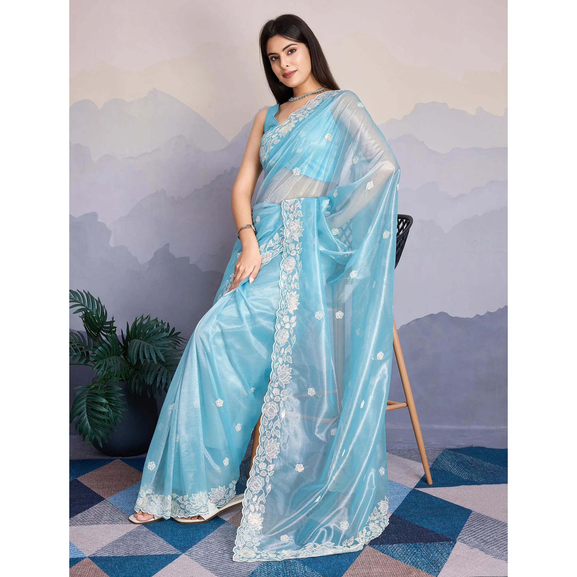 Blue Floral Sequins Embroidered Twill Net Saree - Image 5