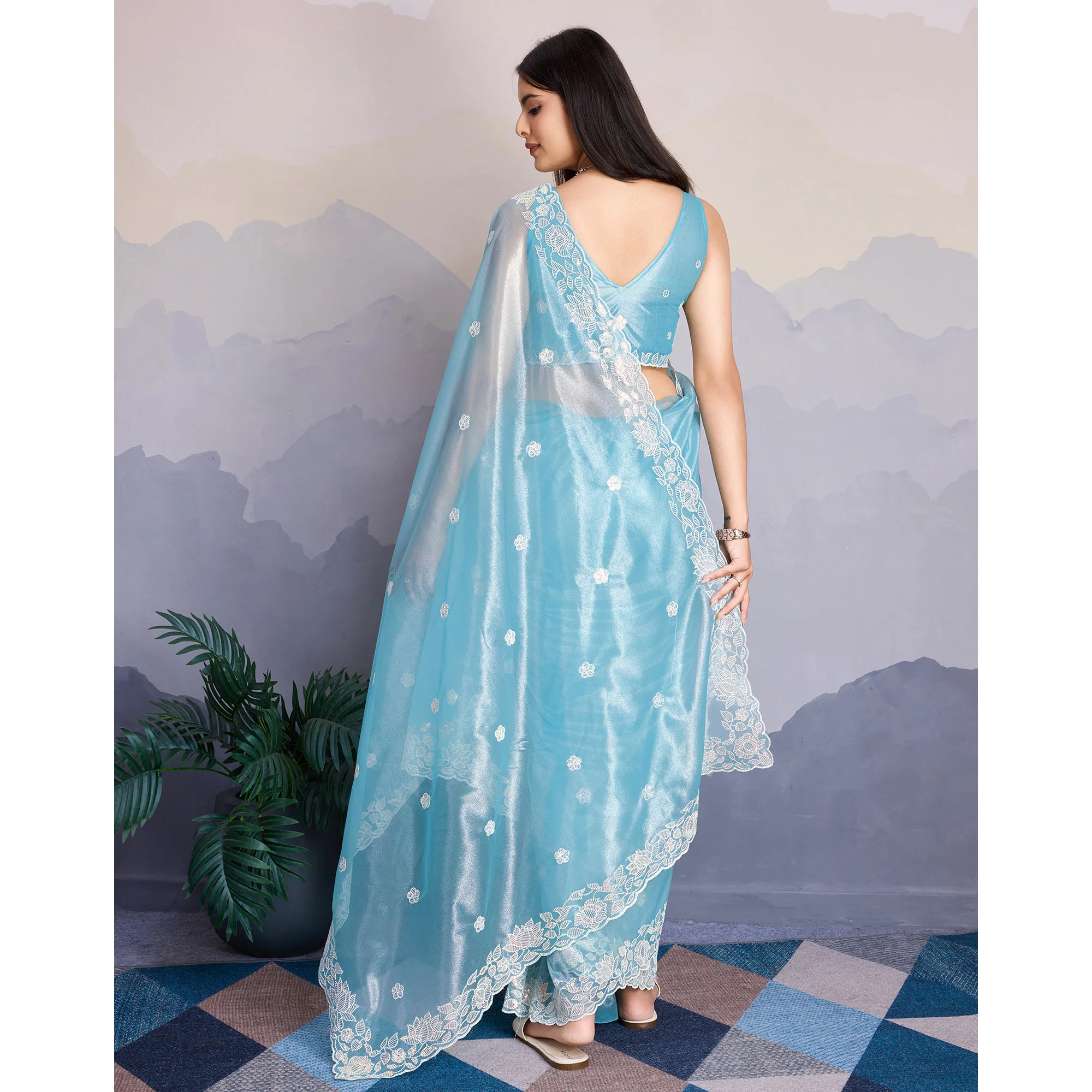 Blue Floral Sequins Embroidered Twill Net Saree - Image 6
