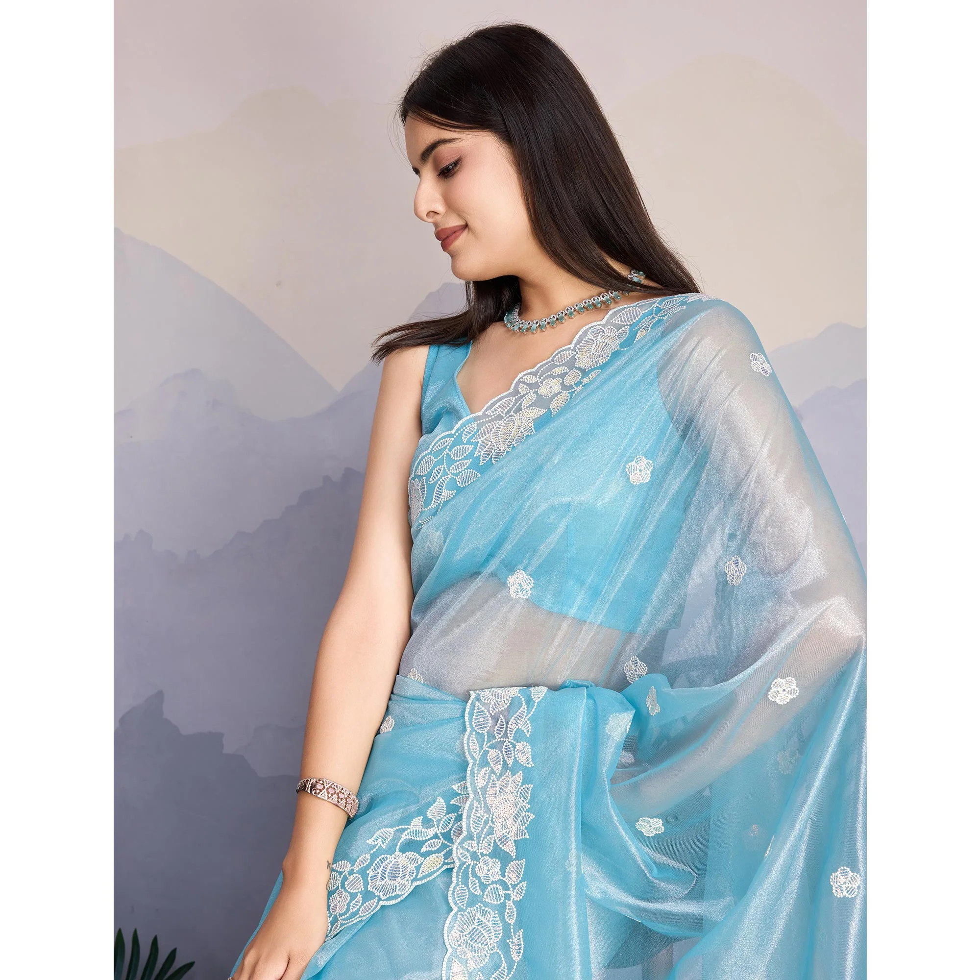 Blue Floral Sequins Embroidered Twill Net Saree - Image 7