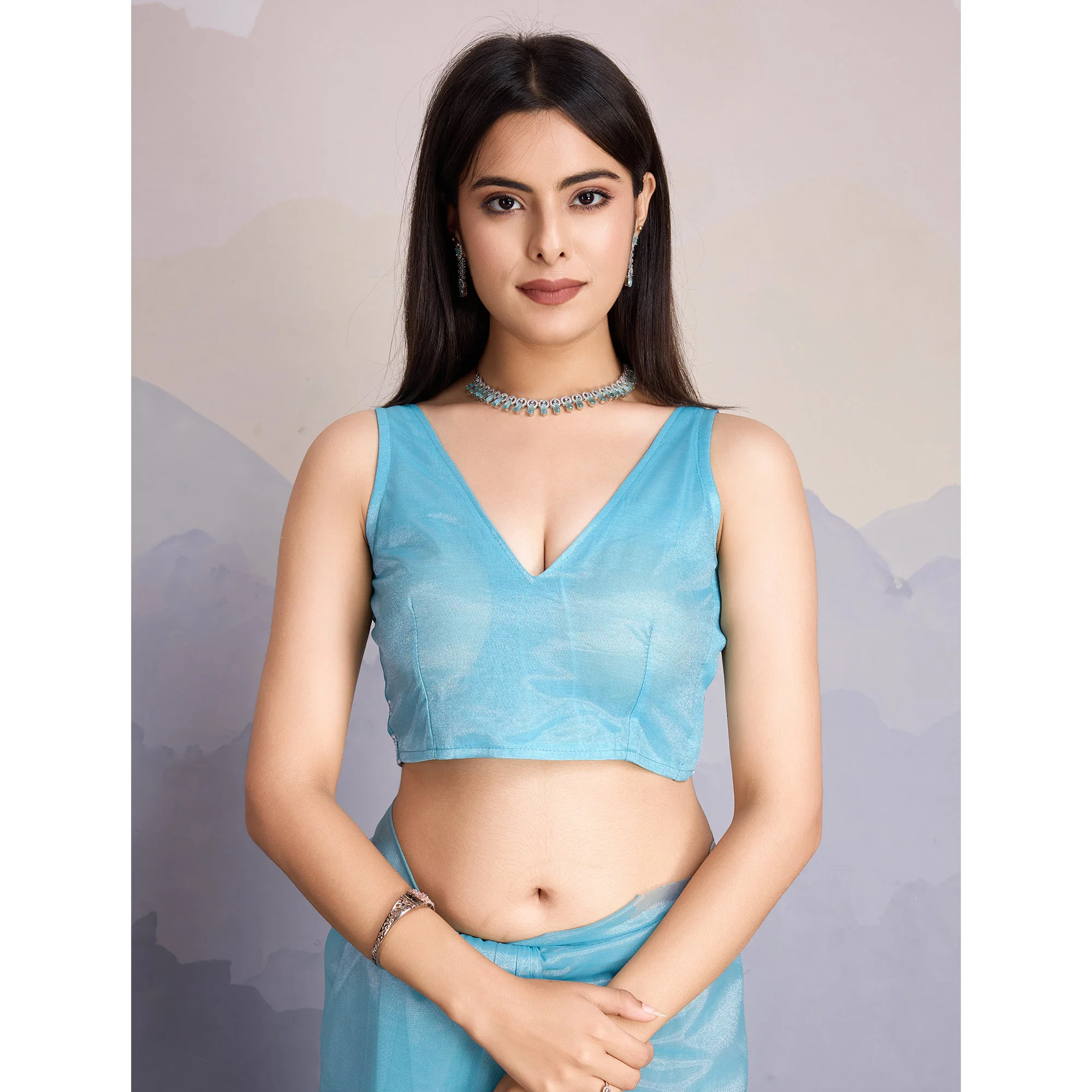 Blue Floral Sequins Embroidered Twill Net Saree - Image 8
