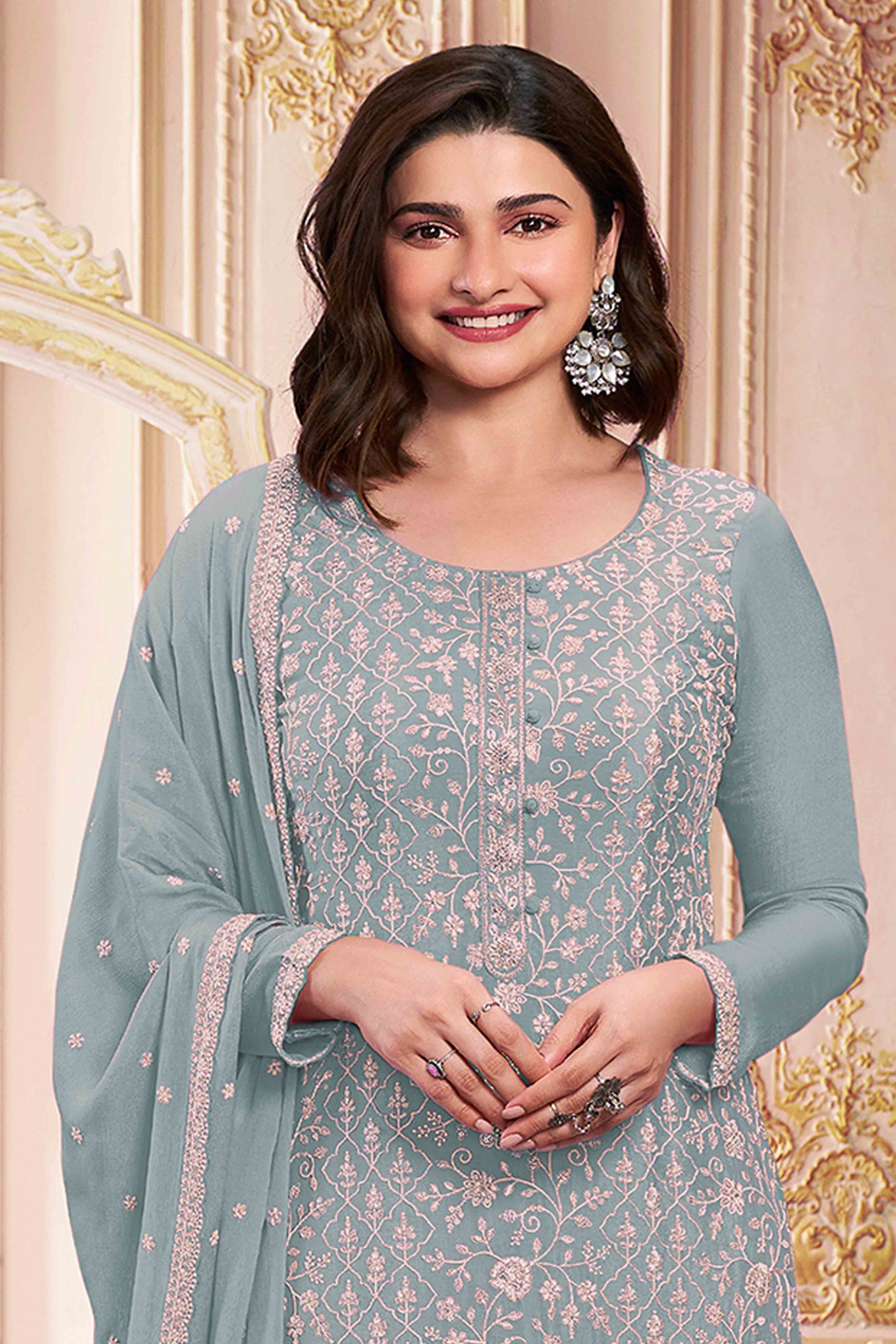 Blue Floral Sequins Embroidery Georgette Semi Stitched Salwar Suit - Image 3