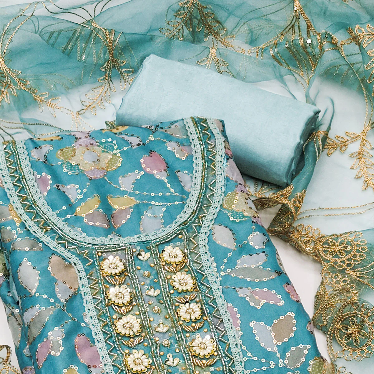Blue Floral Sequins Embroidery Organza Dress Material - Image 2