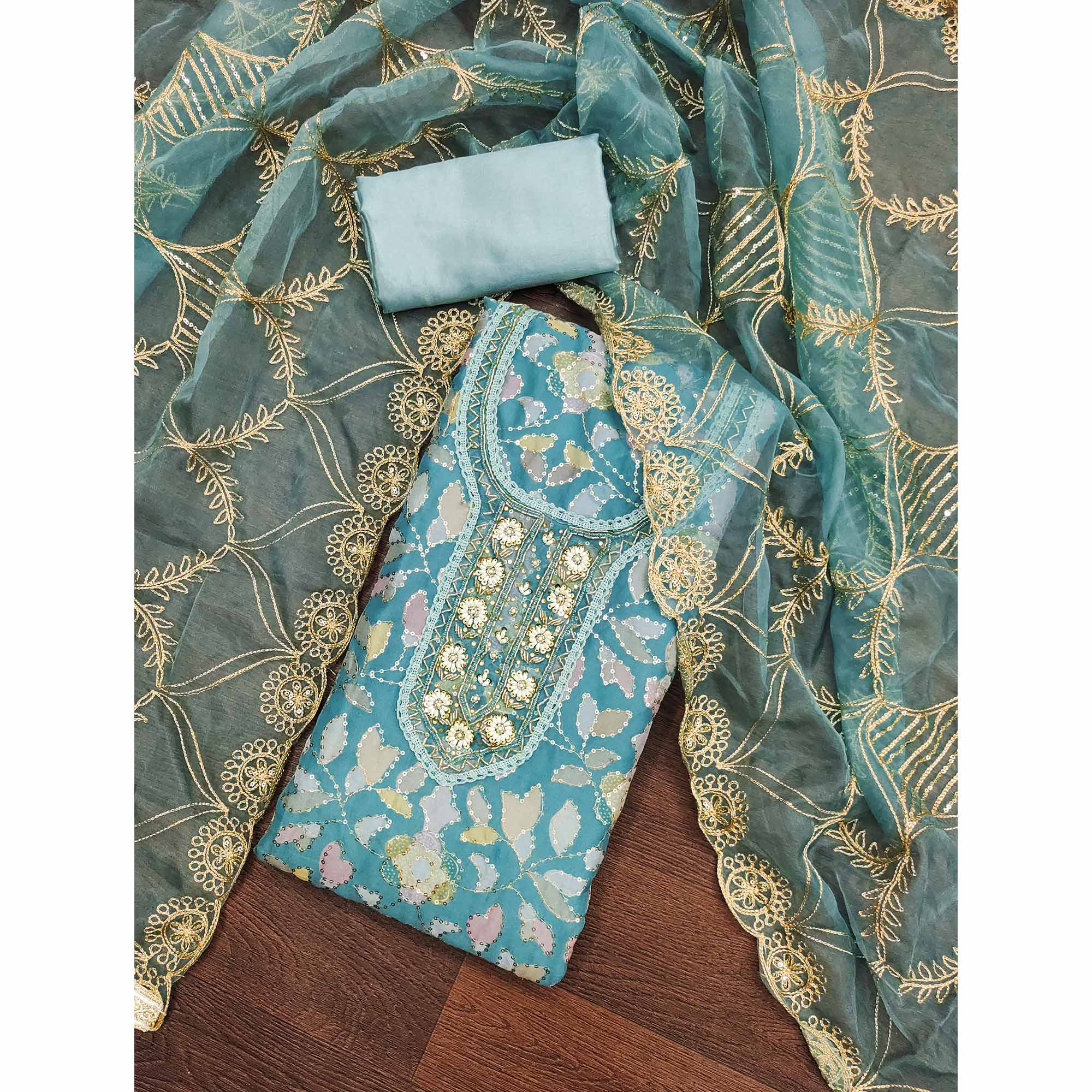 Blue Floral Sequins Embroidery Organza Dress Material - Image 3