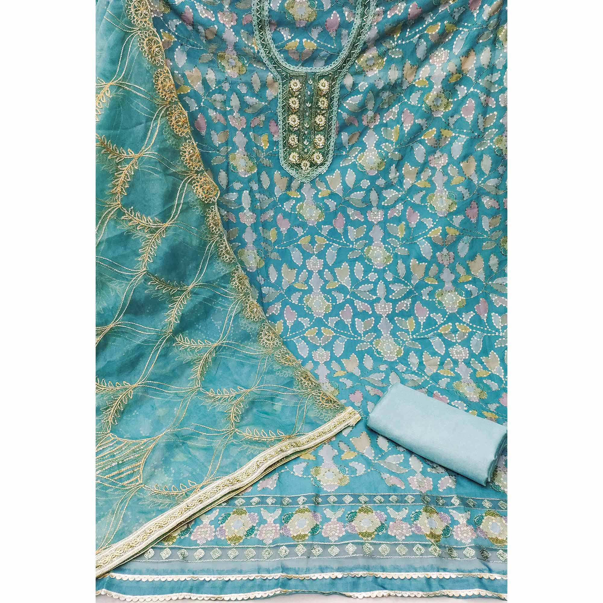 Blue Floral Sequins Embroidery Organza Dress Material - Image 4