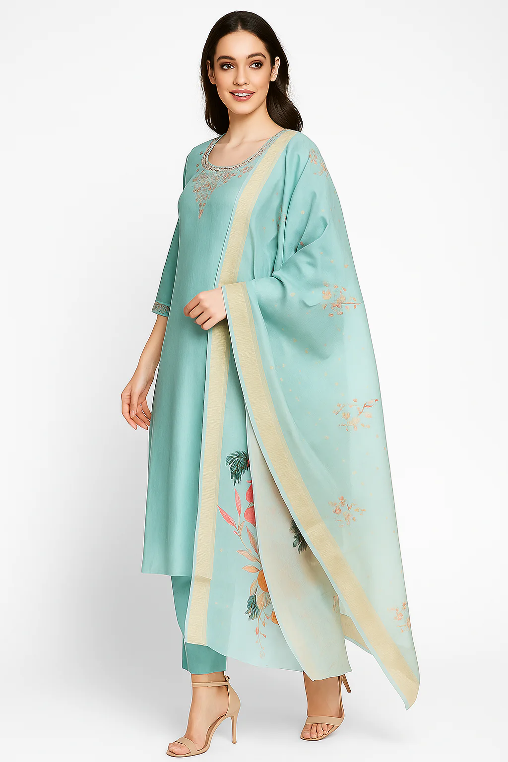 Blue Floral Sequins Embroidery With Handwork Viscose Straight Salwar Suit - Image 4