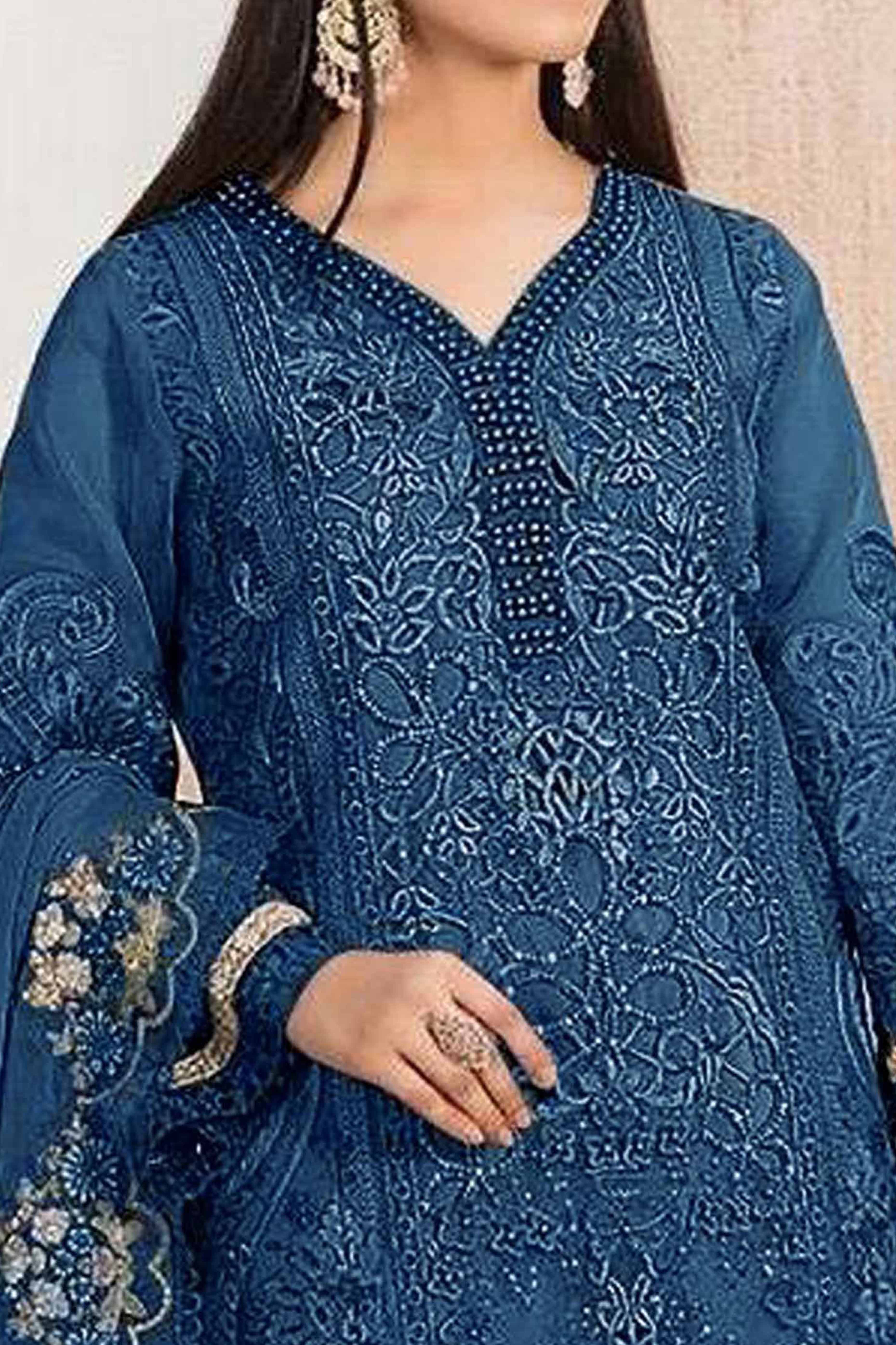 Blue Floral Sequins Embroidery With Motiwork Organza Semi Stitched Pakistani Suit - Image 2