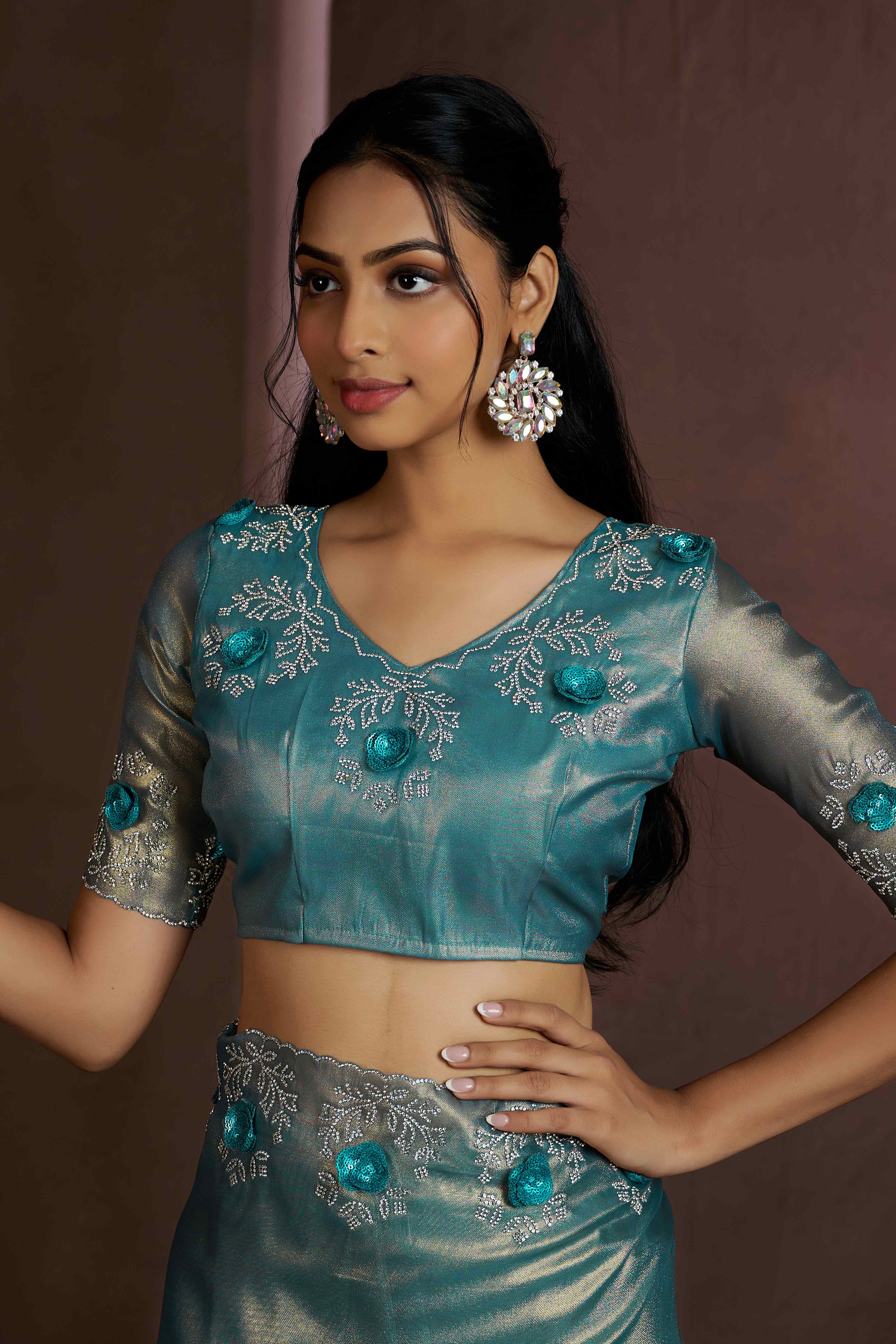 Blue Floral Sequins With Zarkan Work Organza Saree - Image 6