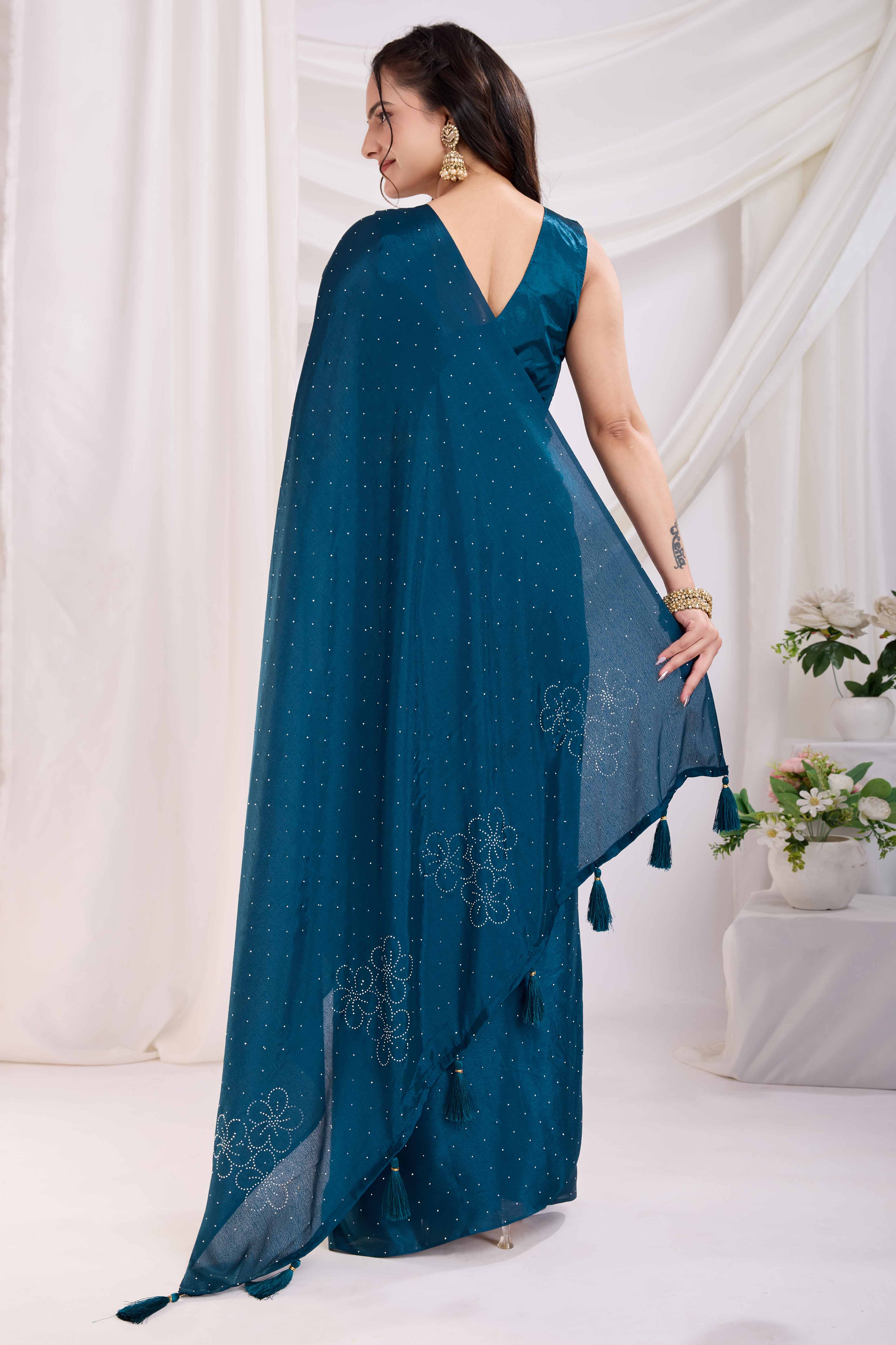 Blue Floral Swarovski Work Rangoli Art Silk Ready To Wear Saree - Image 5