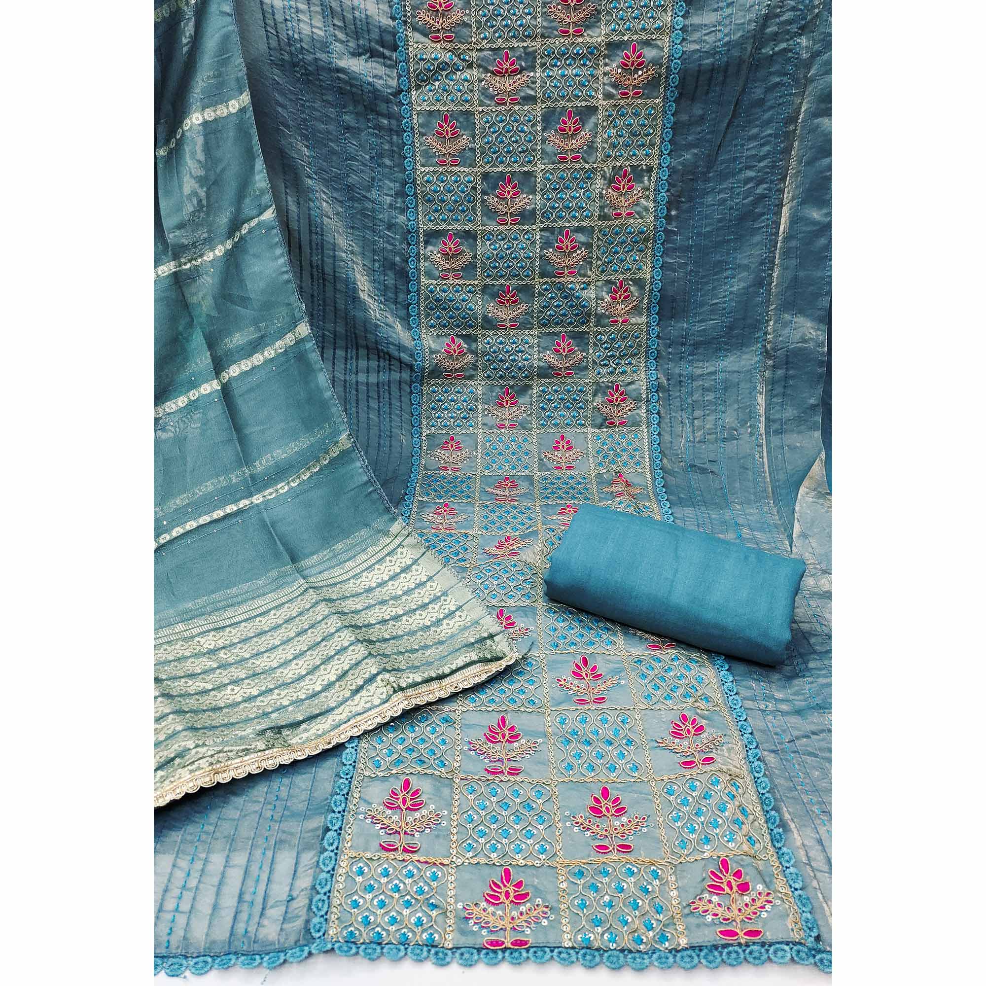 Blue Floral Thread Embroidered Viscose Dress Material With Sequins For Sophisticated Ethnic Style - Image 4
