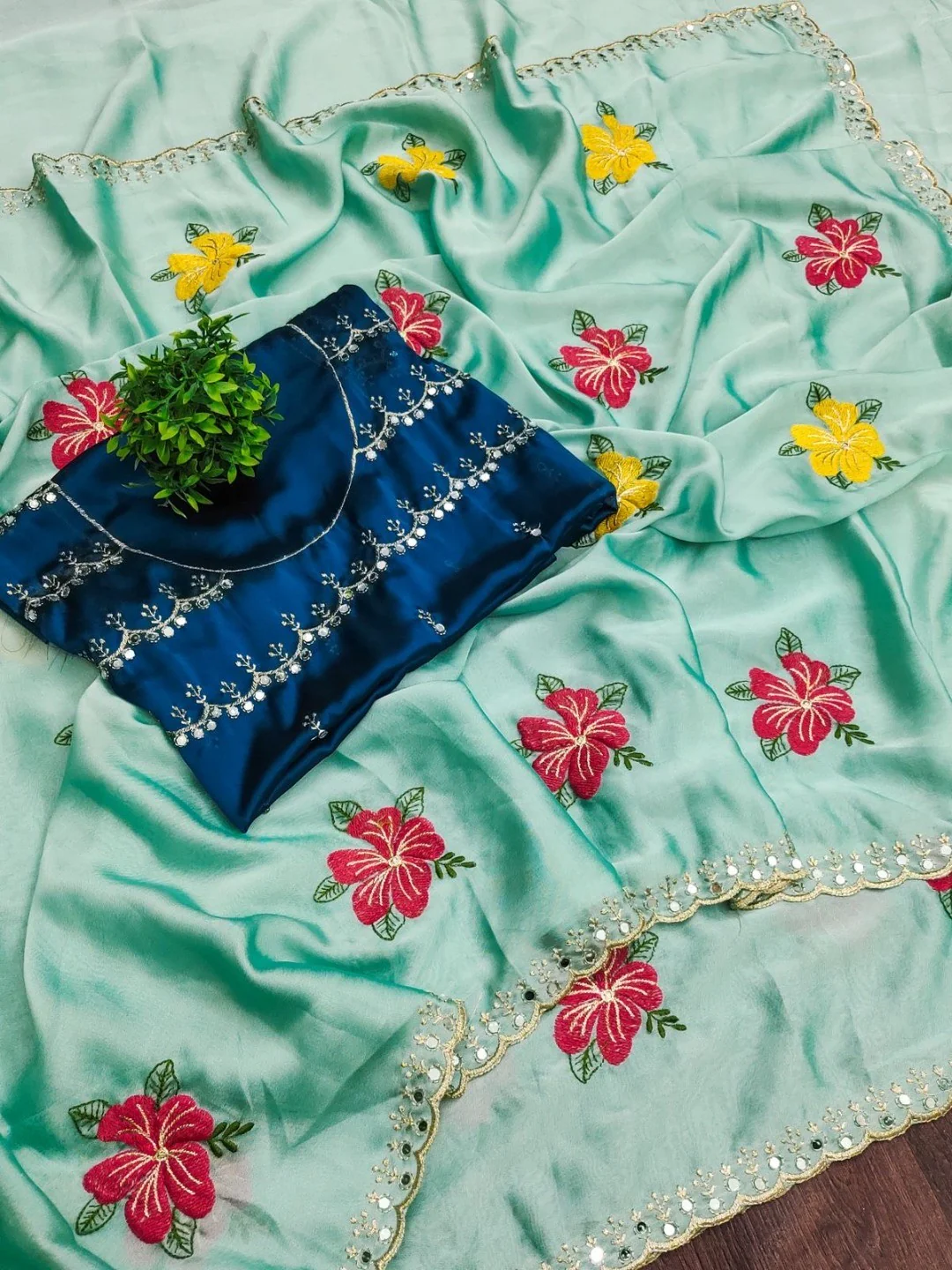 Blue Floral Thread Work Saree Viscose Beautiful Mirror Border Festive Glamour - Image 2