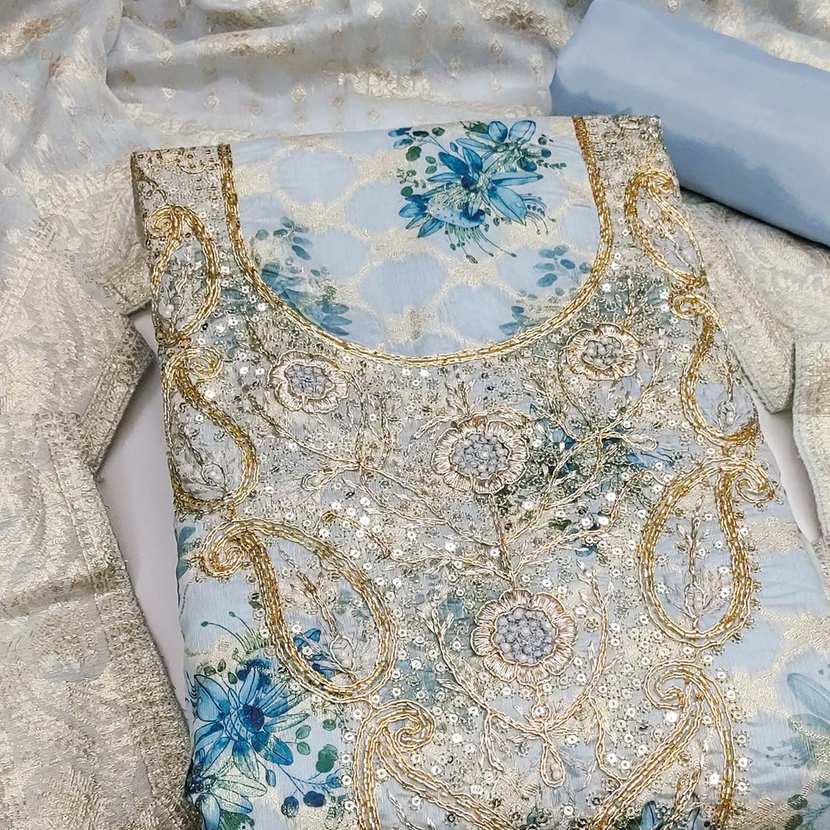 Blue Floral Weaving & Digital Printed Banarasi Silk Dress Material With Cording Embroidery - Image 2