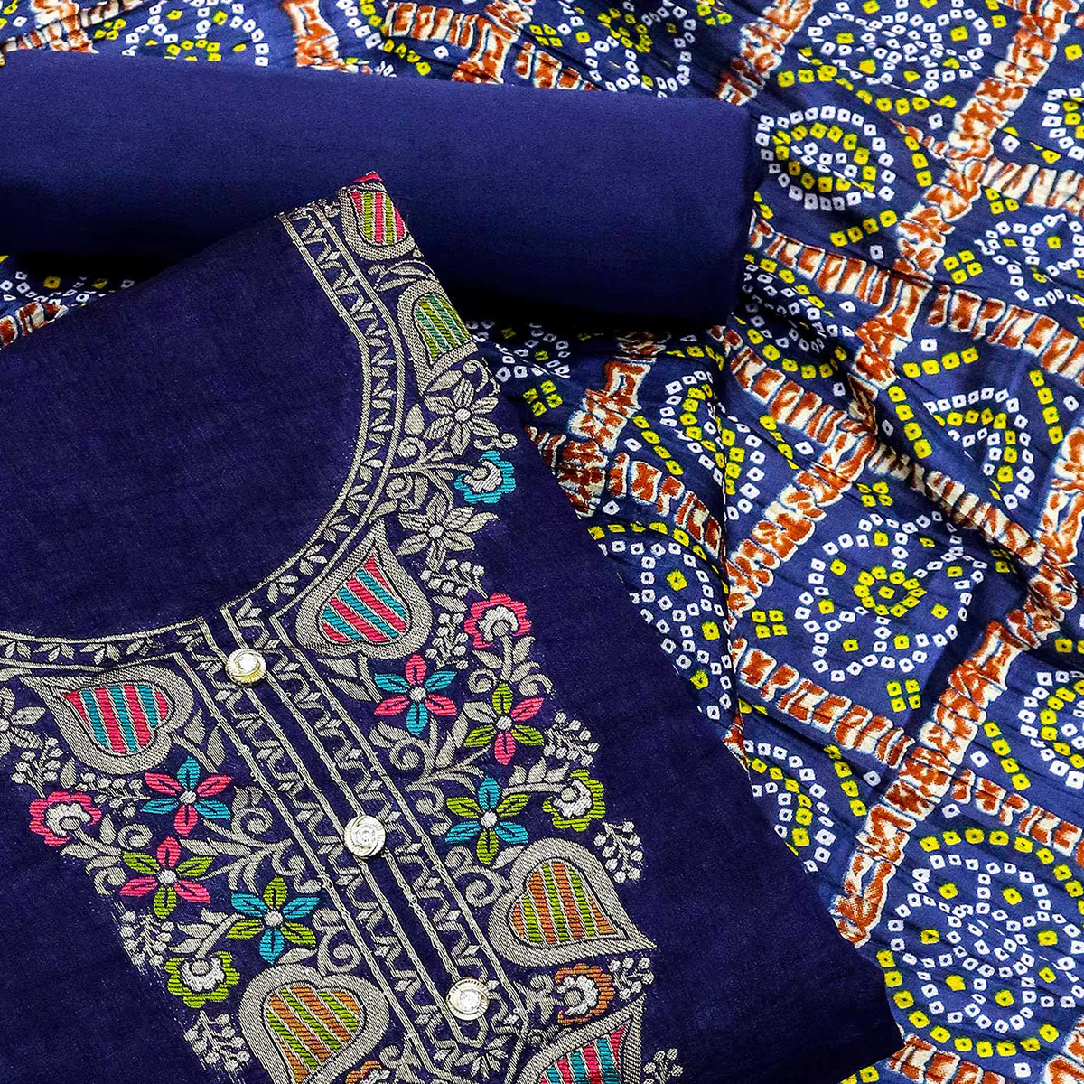 Blue Floral Woven Chanderi Jacquard Dress Material - Image 2