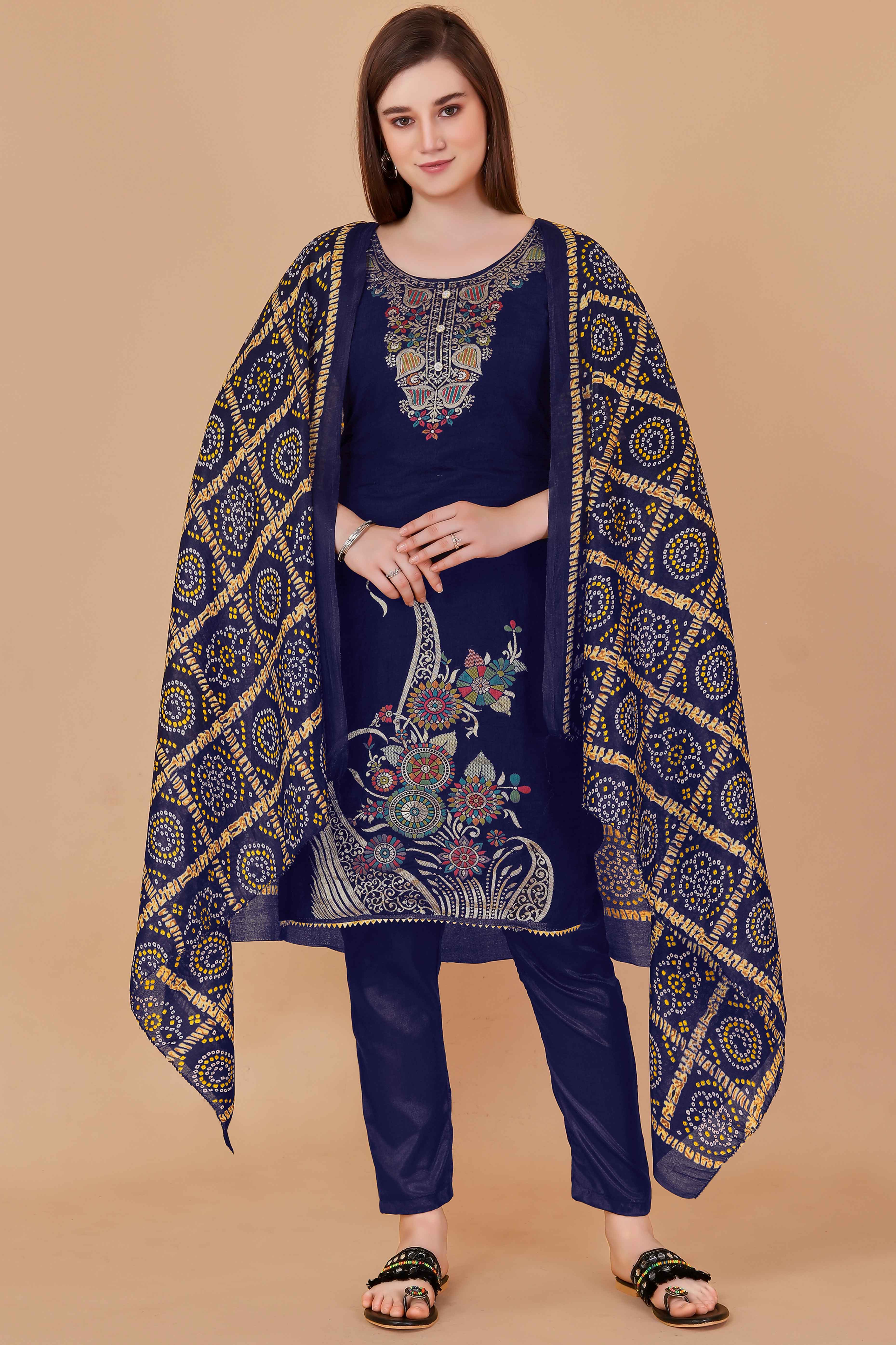Blue Floral Woven Chanderi Jacquard Dress Material - Image 6