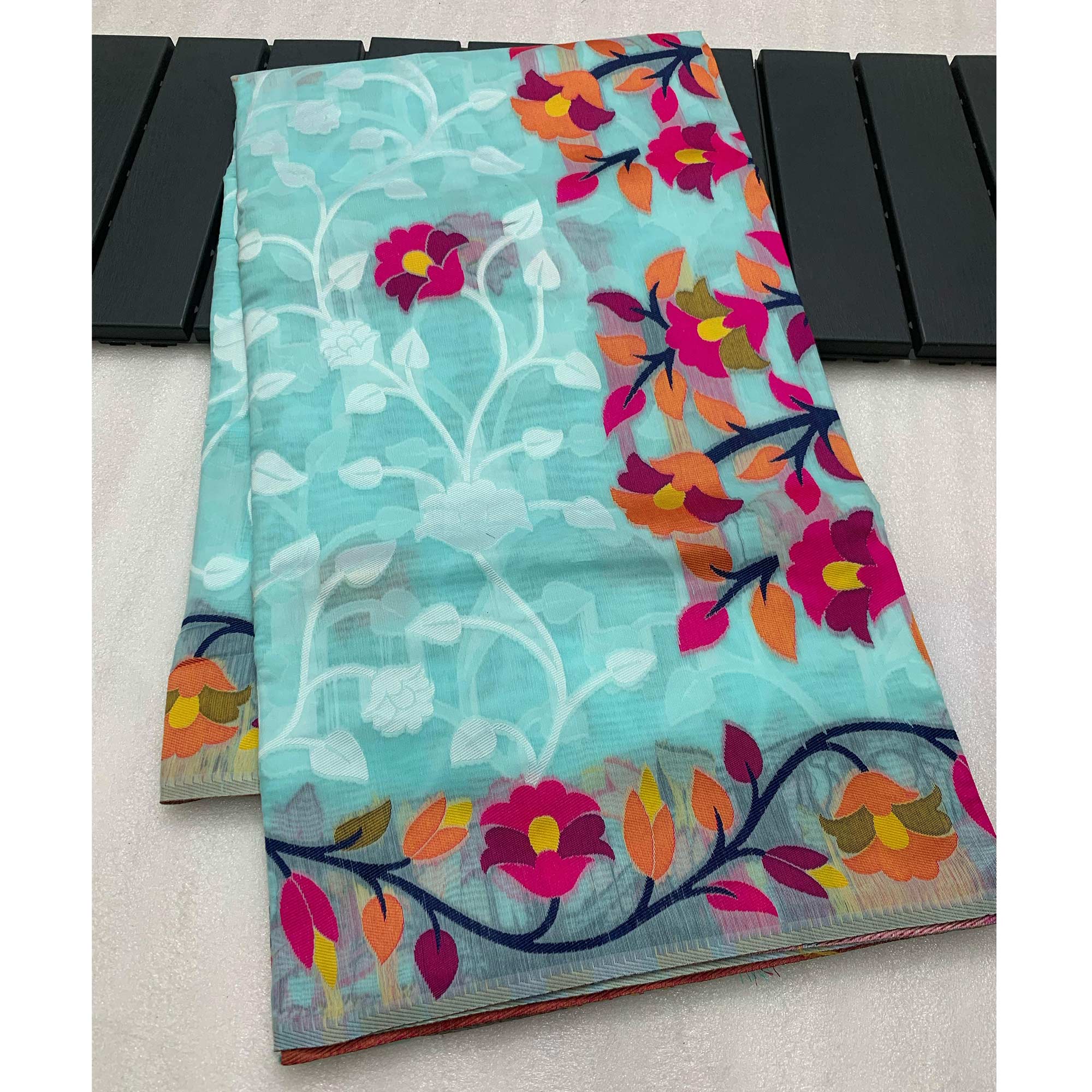 Blue Floral Woven Cotton Jacquard Jamdani Saree With A Graceful Tassel Border - Image 8