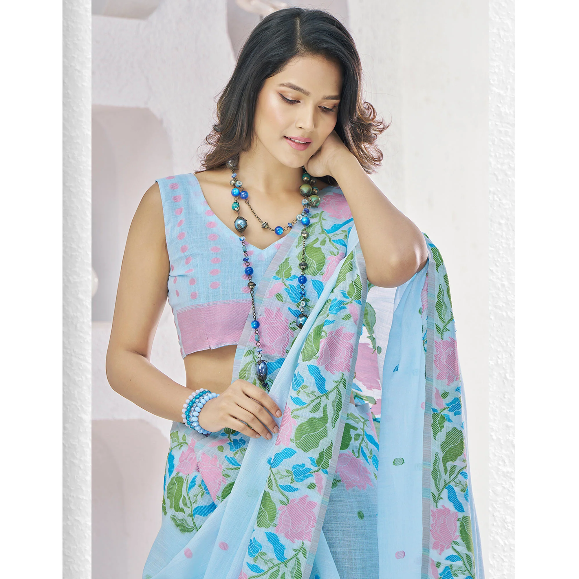 Blue Floral Woven Cotton Silk Saree - Image 6