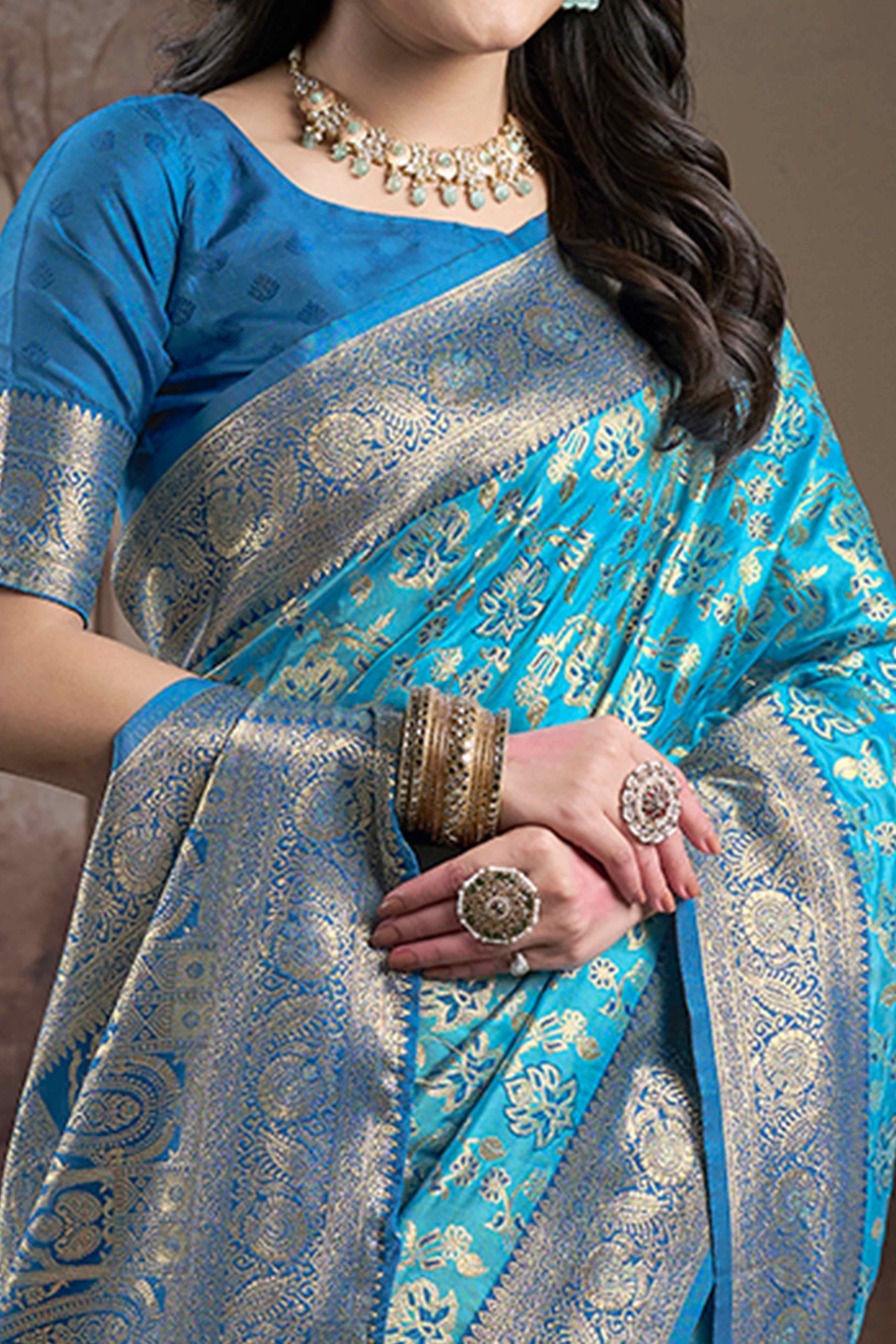 Blue Floral Woven Jacquard Silk Saree - Image 2