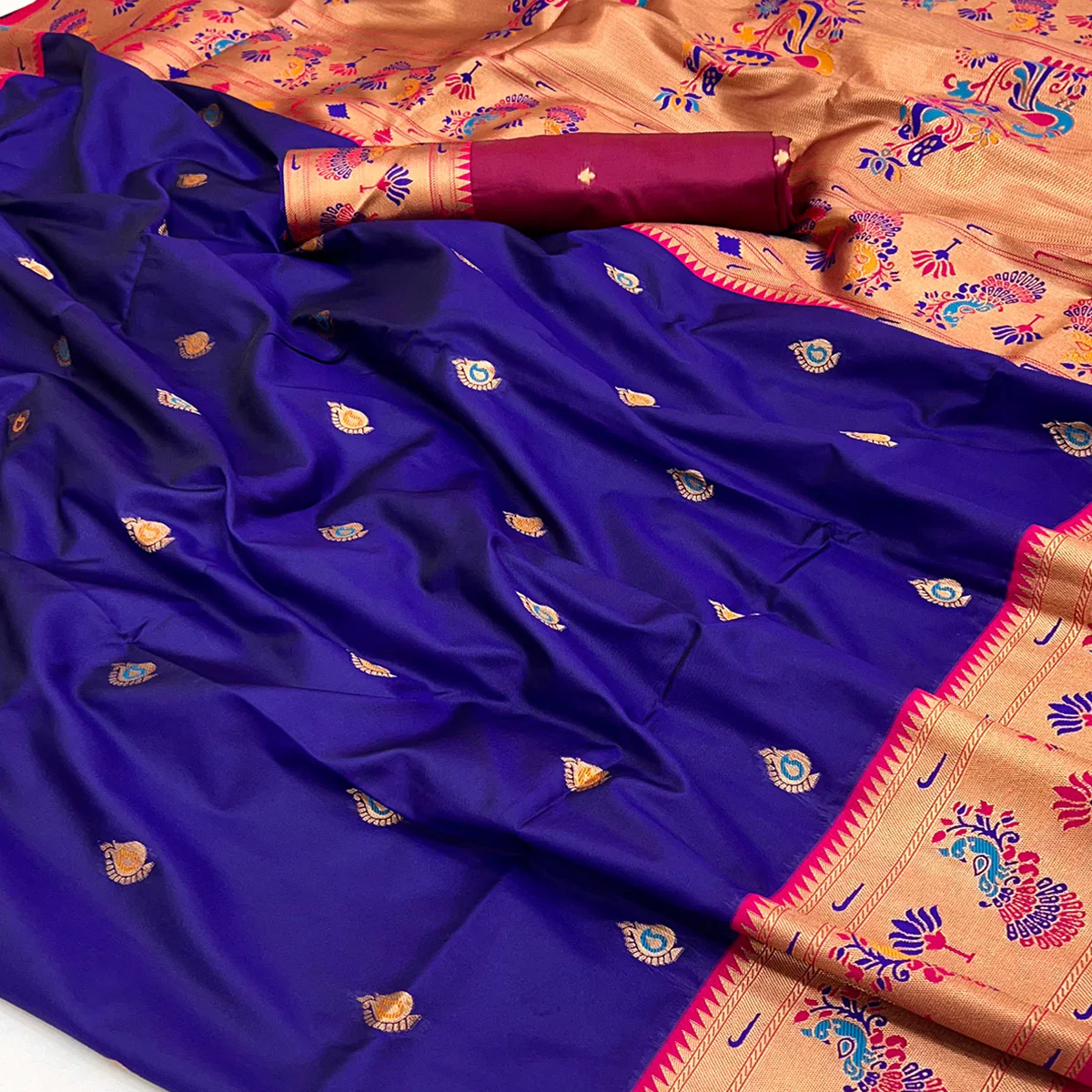 Blue Floral Woven Pure Silk Paithani Saree - Image 2