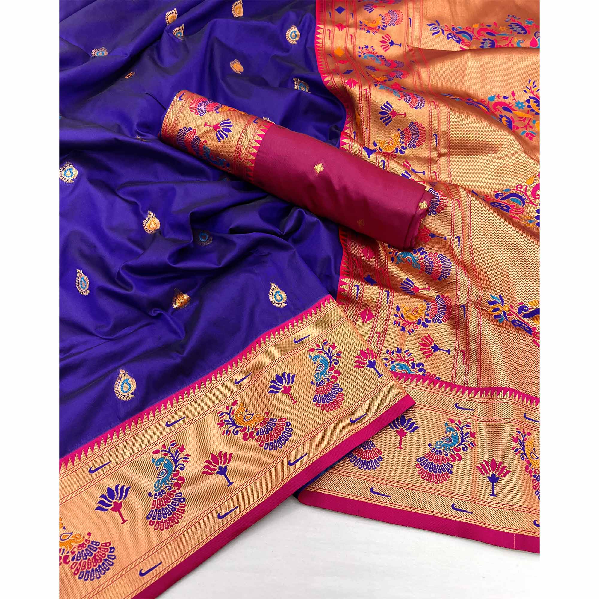 Blue Floral Woven Pure Silk Paithani Saree - Image 3