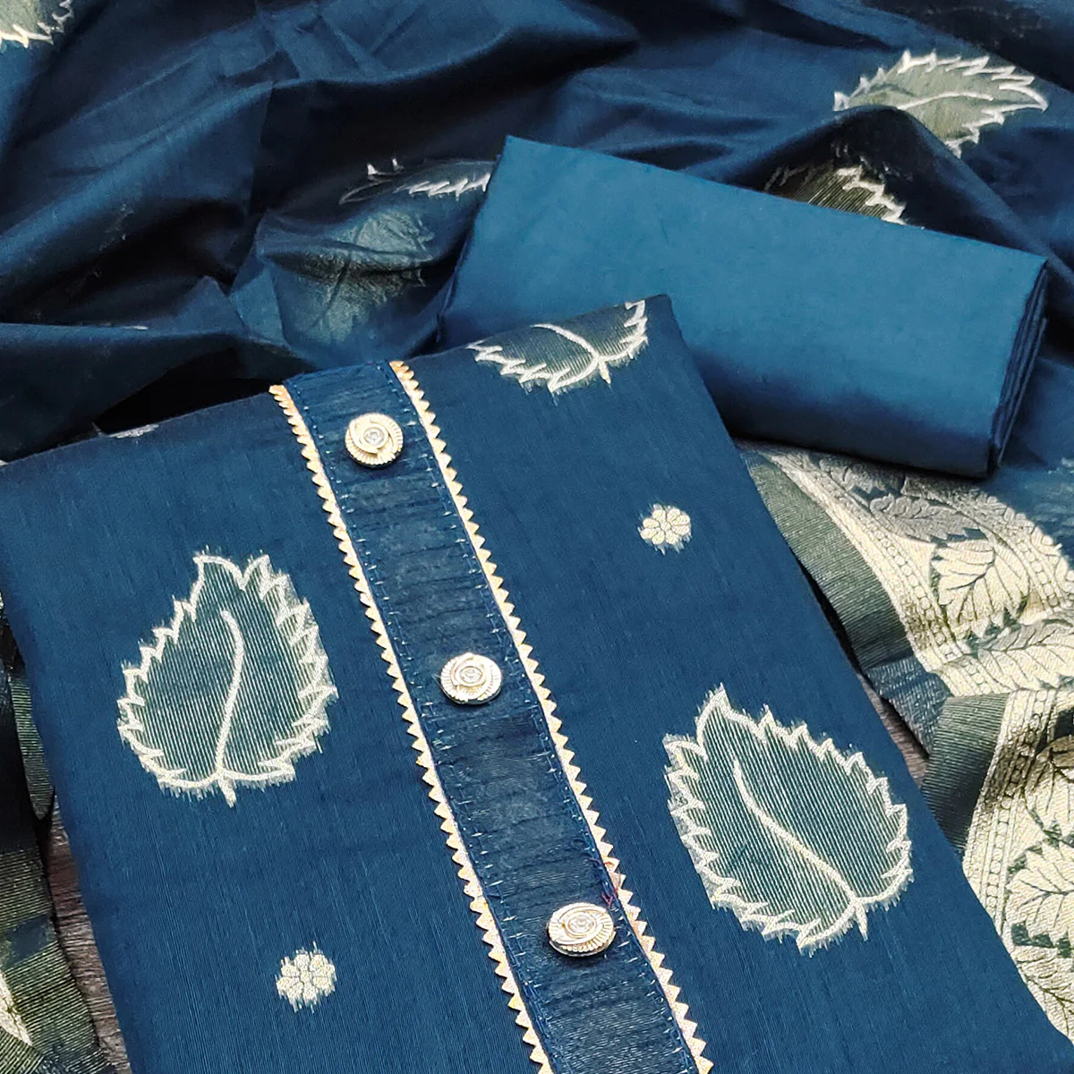 Blue Floral Woven Shimmer Jacquard Dress Material - Image 2