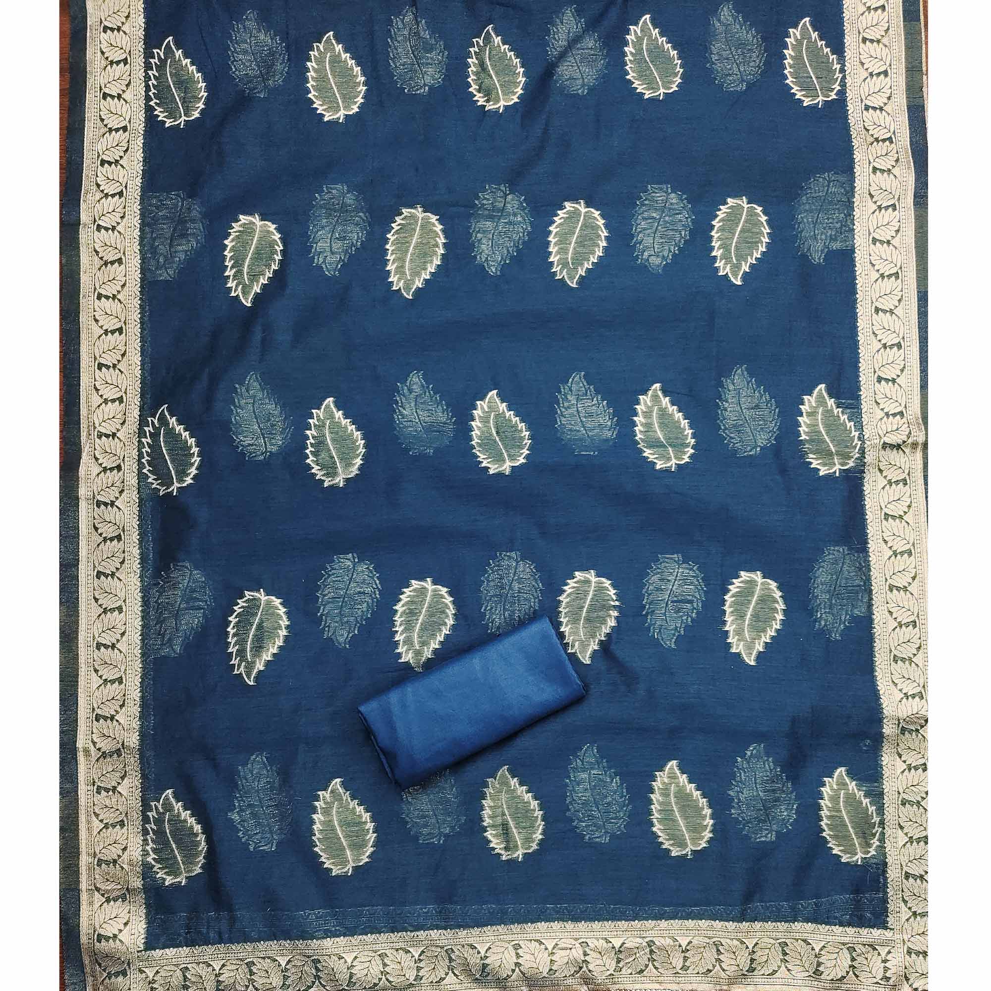 Blue Floral Woven Shimmer Jacquard Dress Material - Image 5