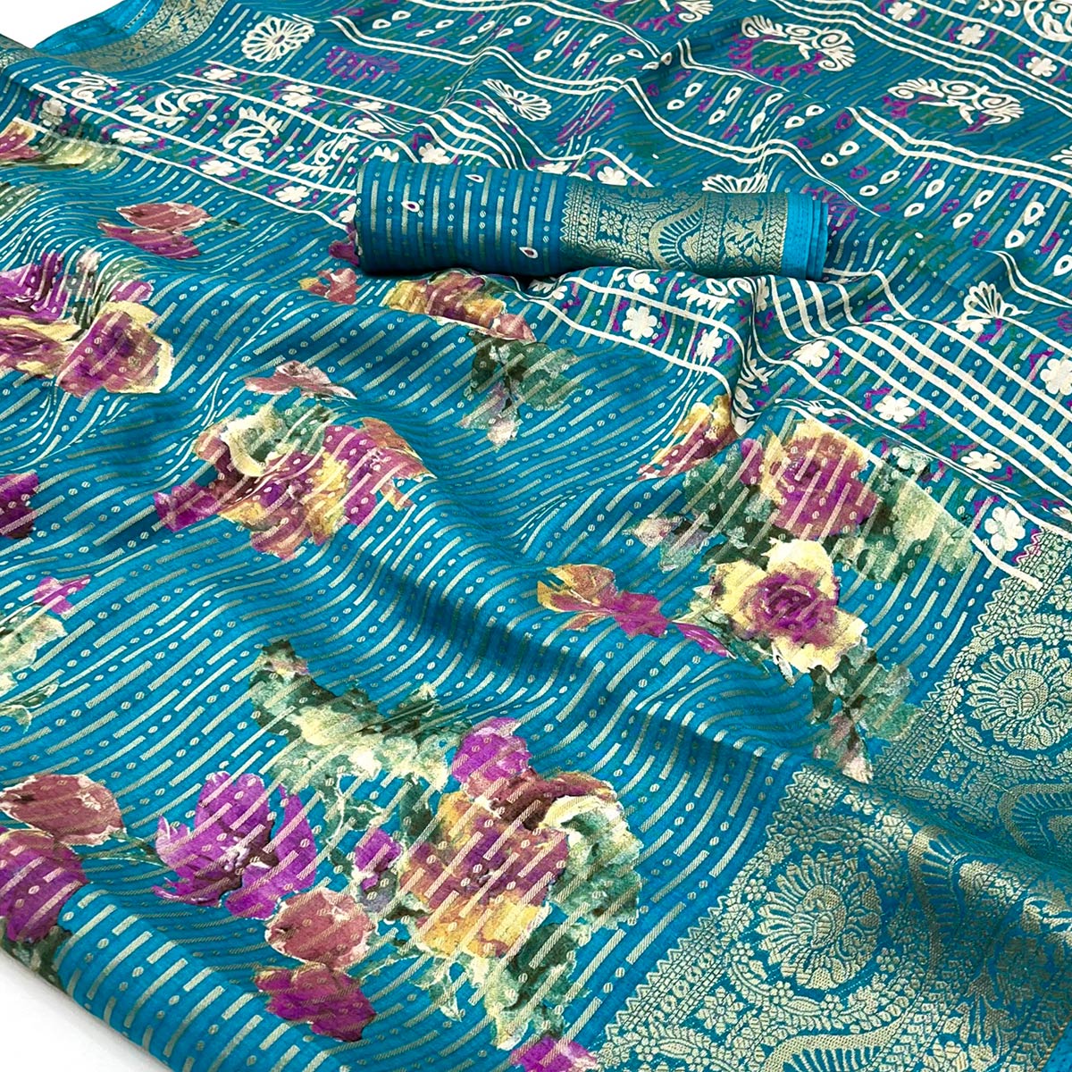 Blue Floral Woven With Printed Georgette Saree - Image 2
